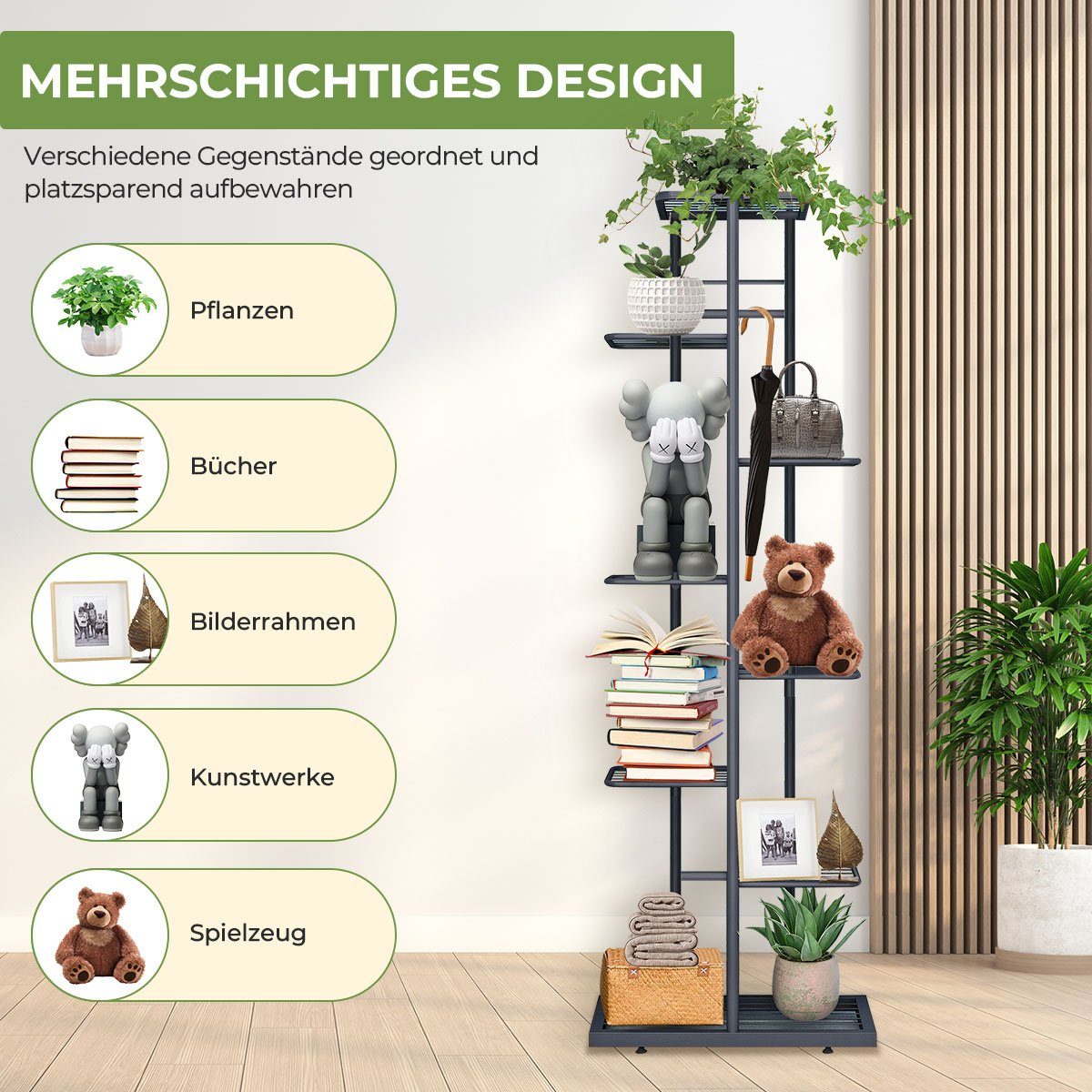 MULISOFT Blumenständer (Innen-Außen Metall Blumentreppe, Pflanzen Regal Blumenregal), Schwarz, Höhe 145cm, für Garten oder Balkon