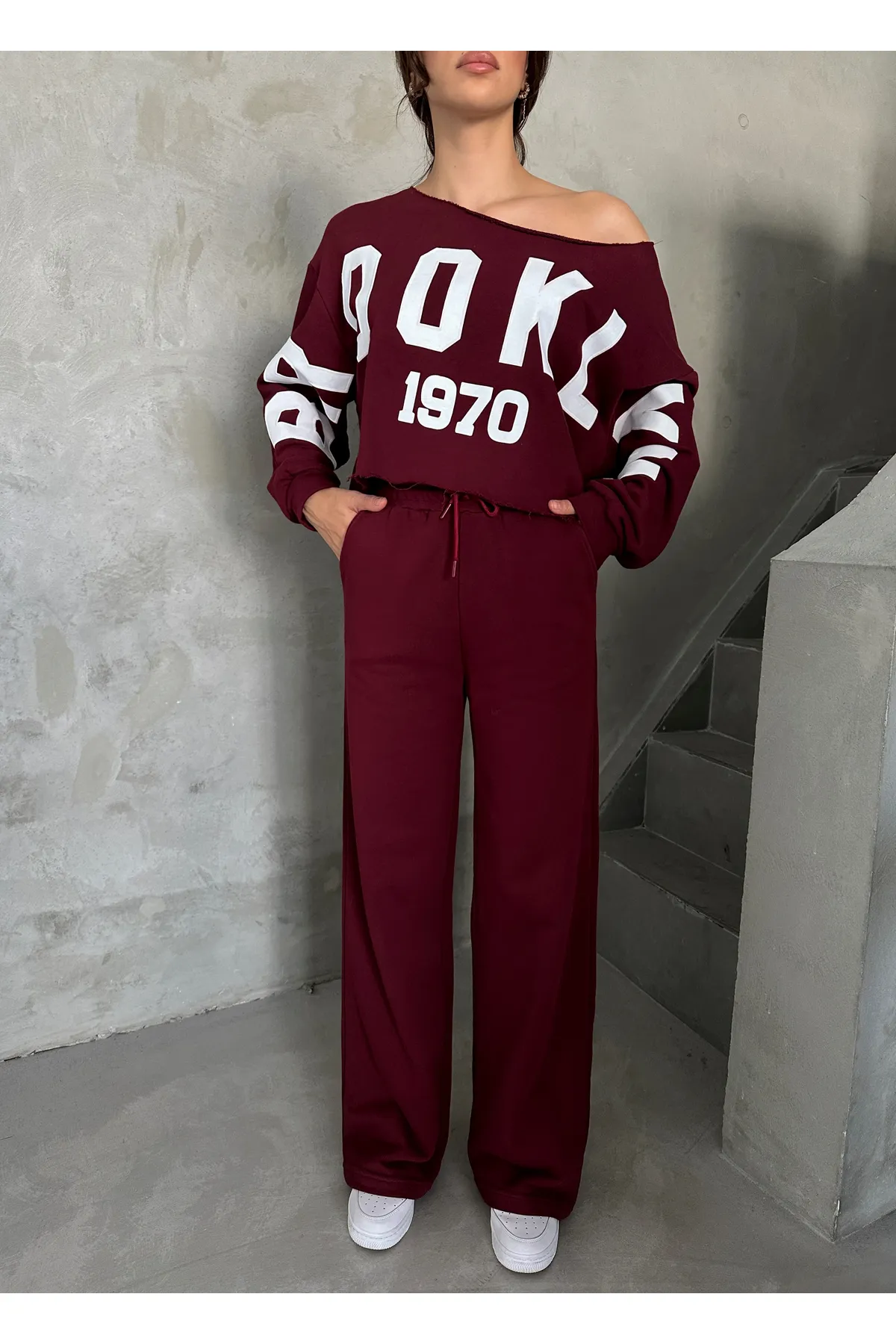 Laluvia  Bordeauxrotes Trainingsanzug-Set mit Aufdruck „Brooklyn 1970“