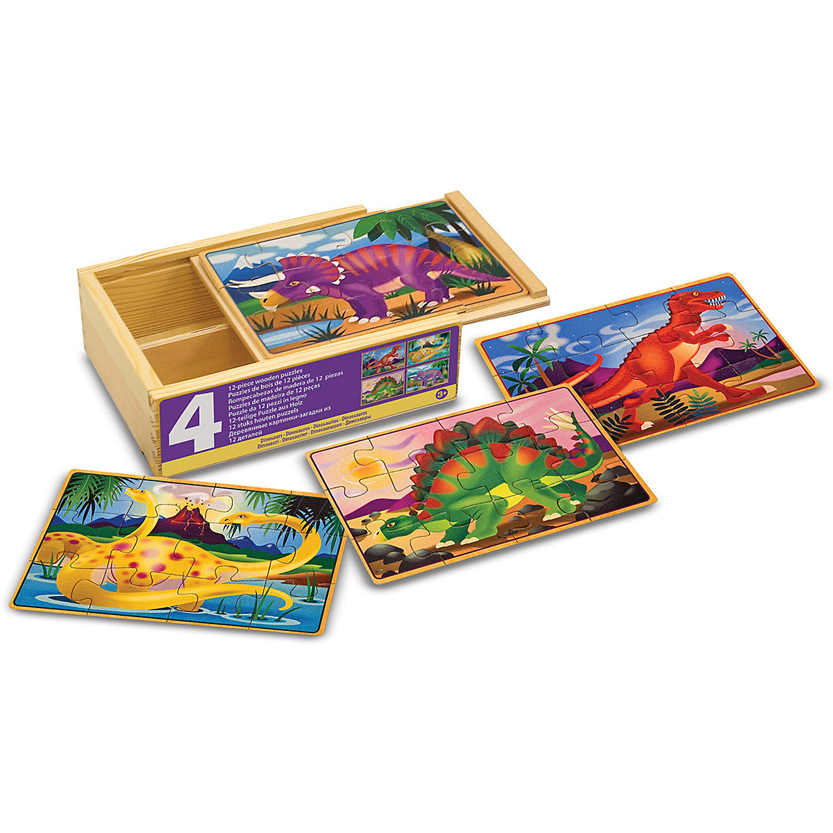 4 Holzpuzzle im Kästchen - Dinosaurier