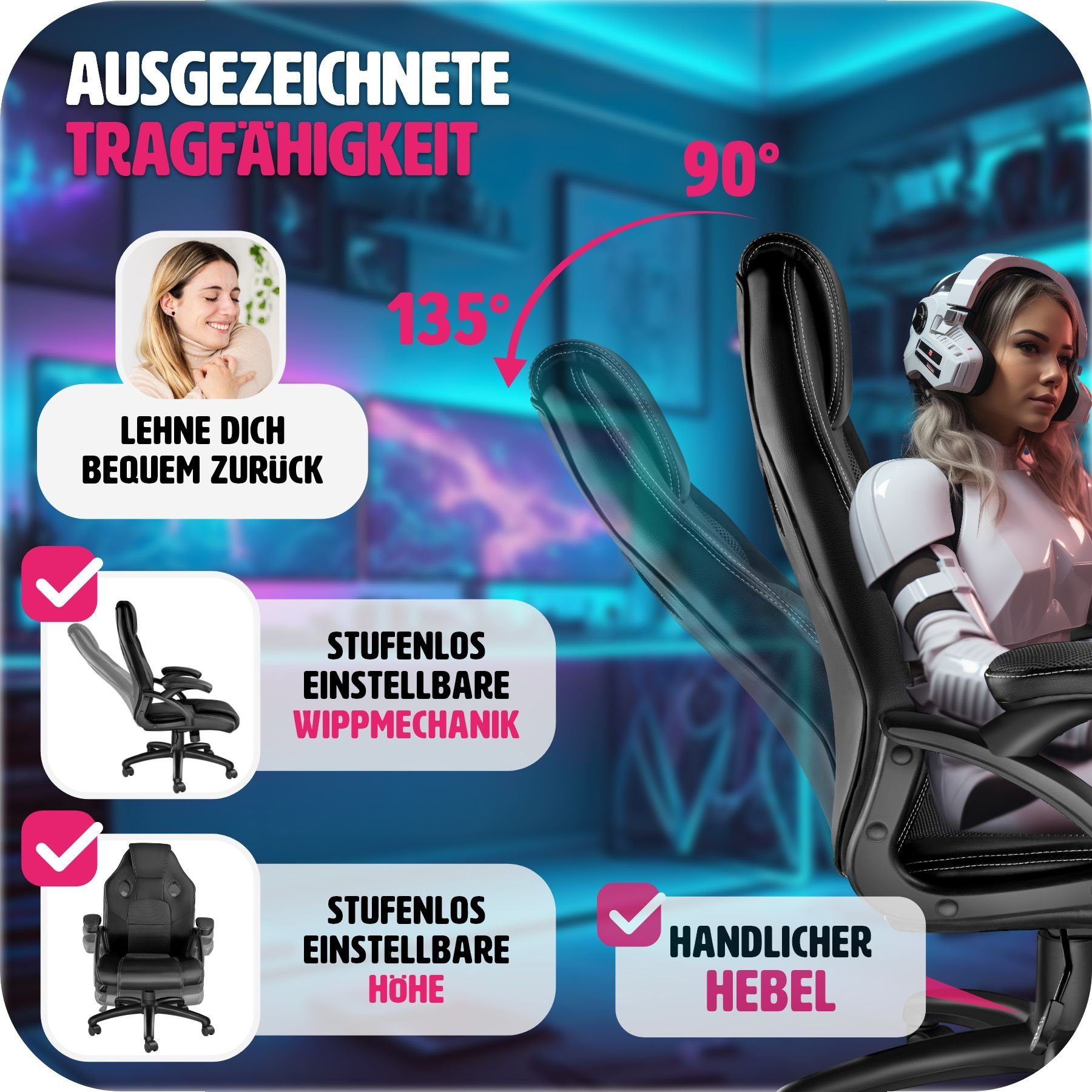tectake Gaming-Stuhl Mike (1er, 1 St), einstellbare Wippmechanik