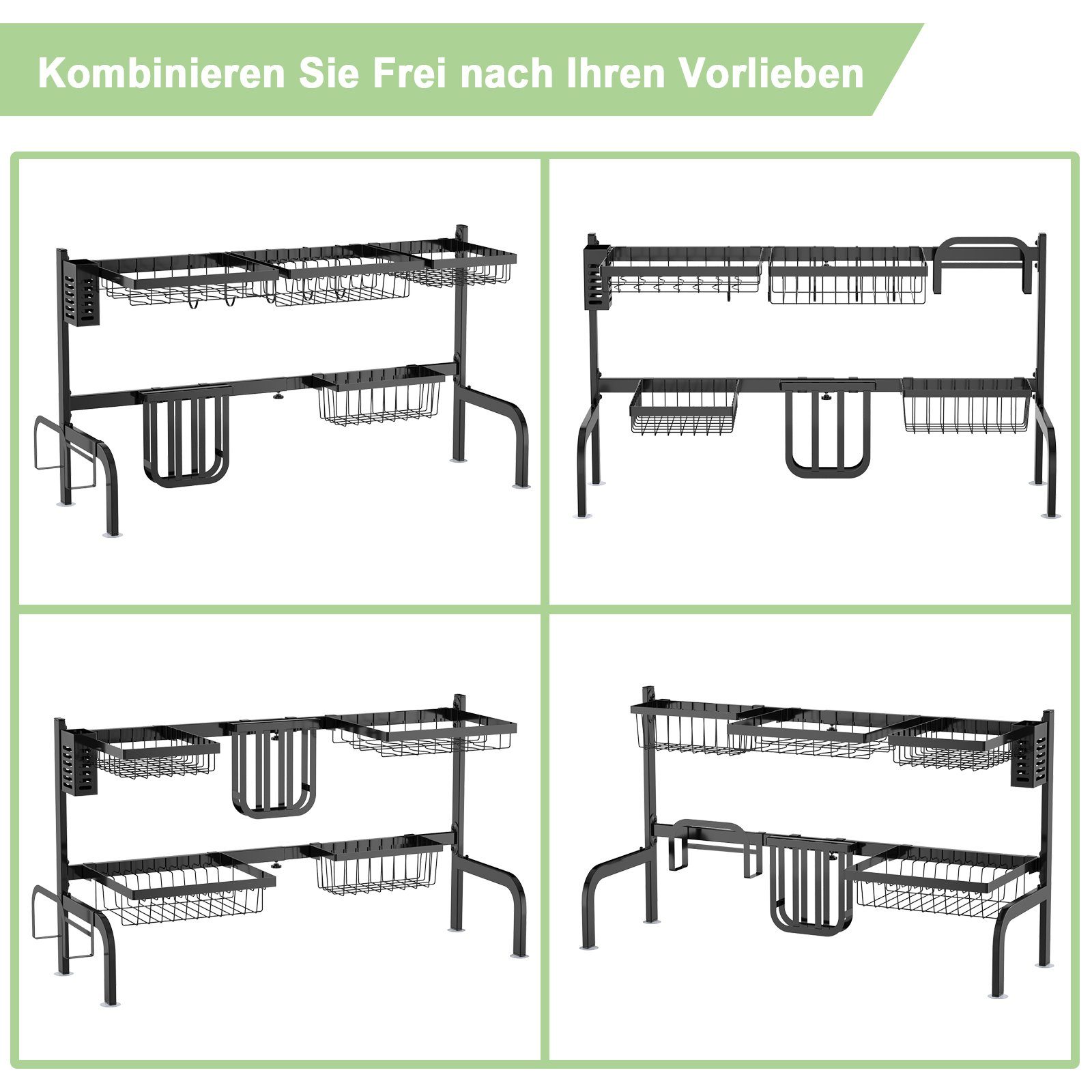 COSTWAY Geschirrständer, 2-stöckig, Breite verstellbar 53-99cm, mit Haken