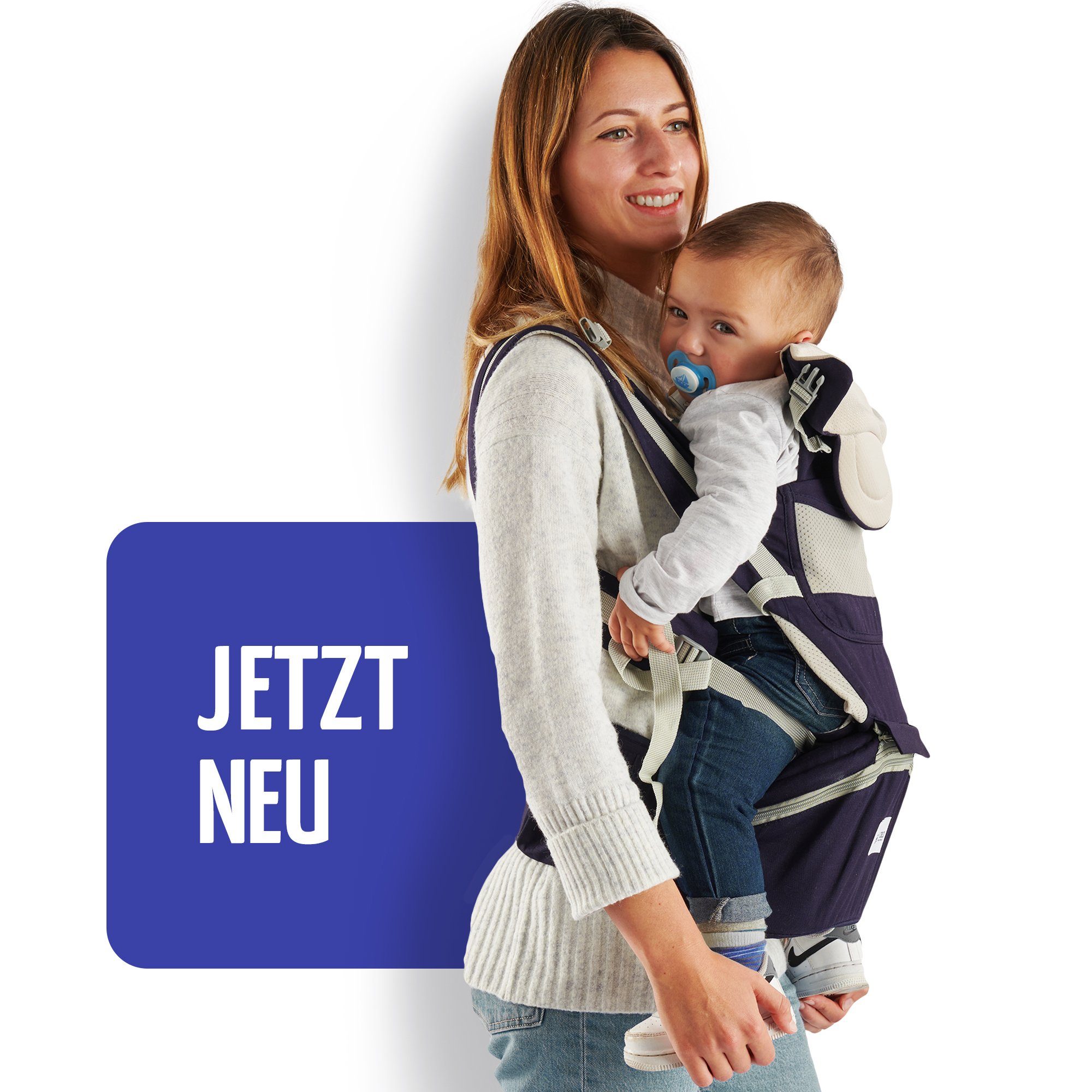 SafeChild Babytrage Premium Design, 100% Baumwolle, Mesh-Gewebe, Neugeborene, Hüftsitz, Flaschenhalterung, Windeltasche, Handytasche