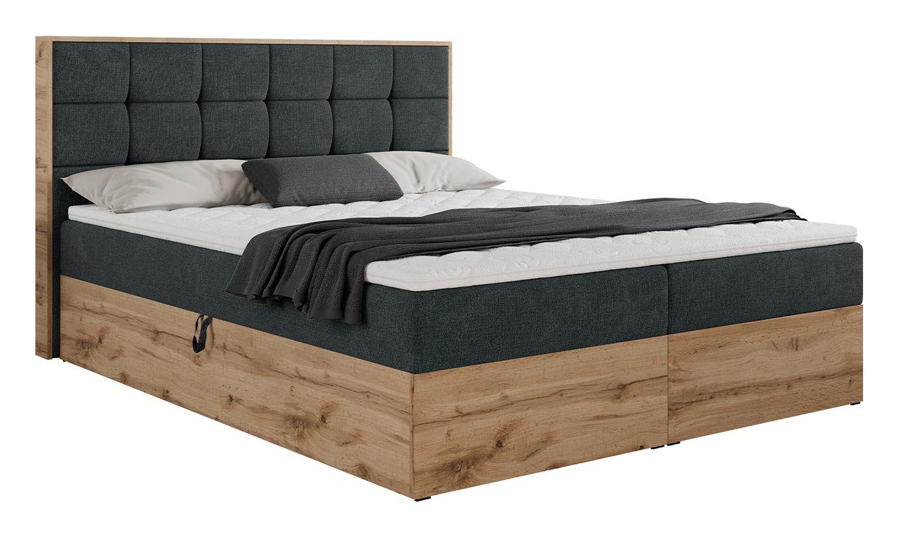 MKS MÖBEL Boxspringbett ALBERO 1, Doppelbett, Multipocket-Matratze, Eiche Holzrahmen, Praktisch