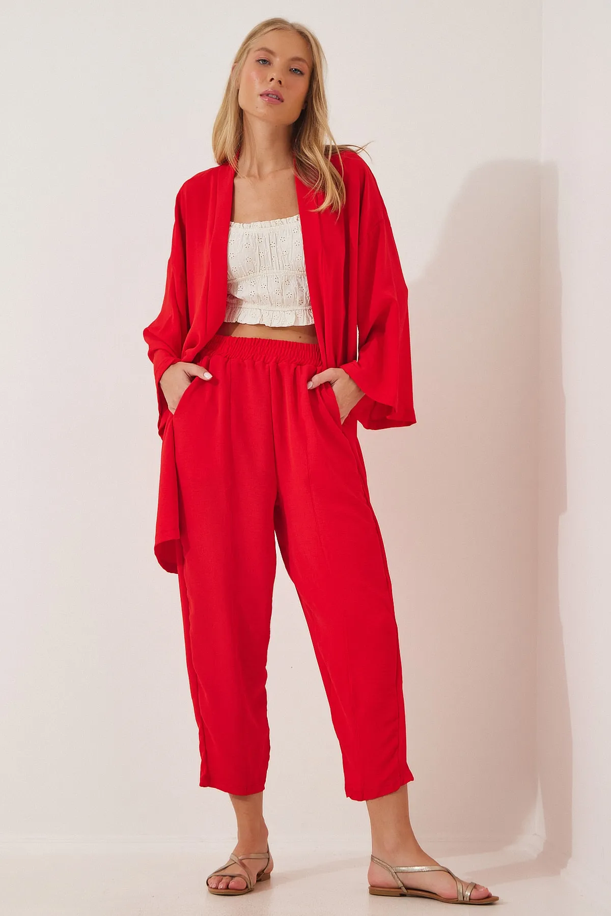 Happiness İstanbul  Rotes Kimono-Hosen-Set für Damen DZ00046