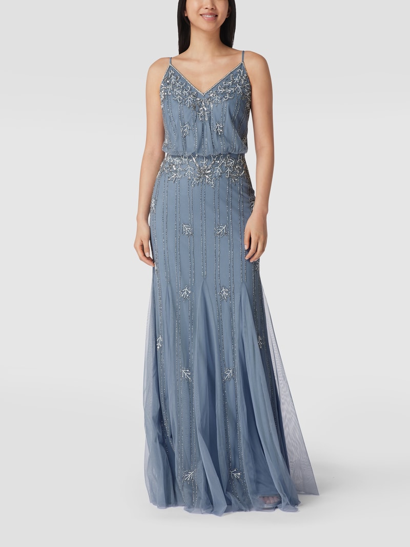 Abendkleid mit Pailletten und Ziersteinen in bleu