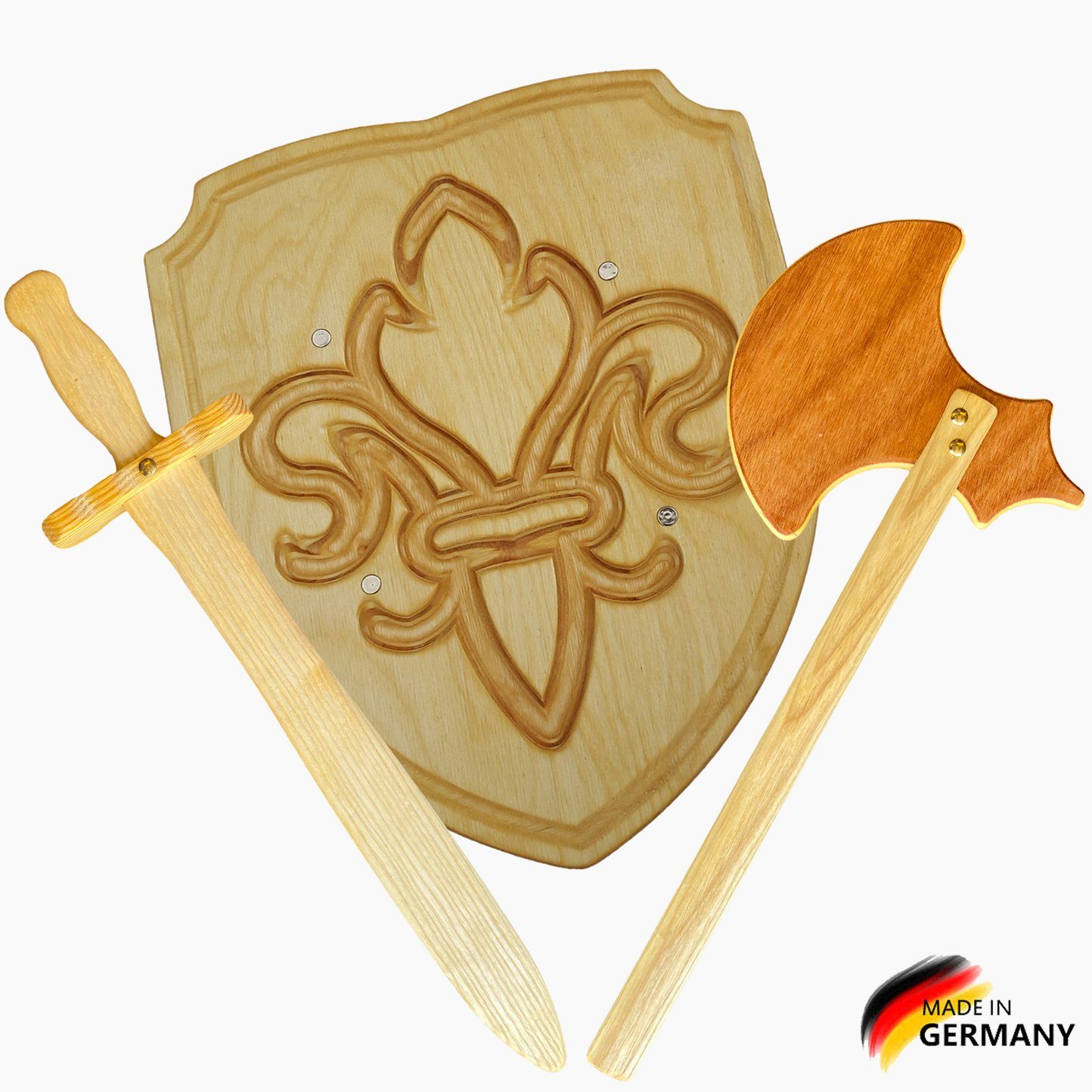 Madera Spielzeuge Spielzeug-Ritterset Ritter Set Schwert, Axt, Lilie, Die Grundausrüstung für alle kleinen Ritter.