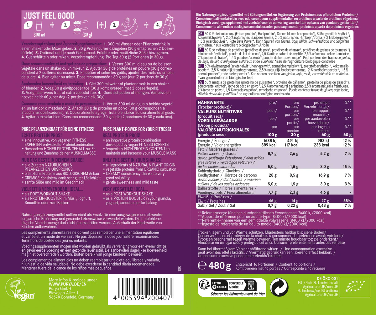 Proteinpulver 46% Very Berry, Blueberry & Raspberry & Strawberry mit Acerola, 480 g