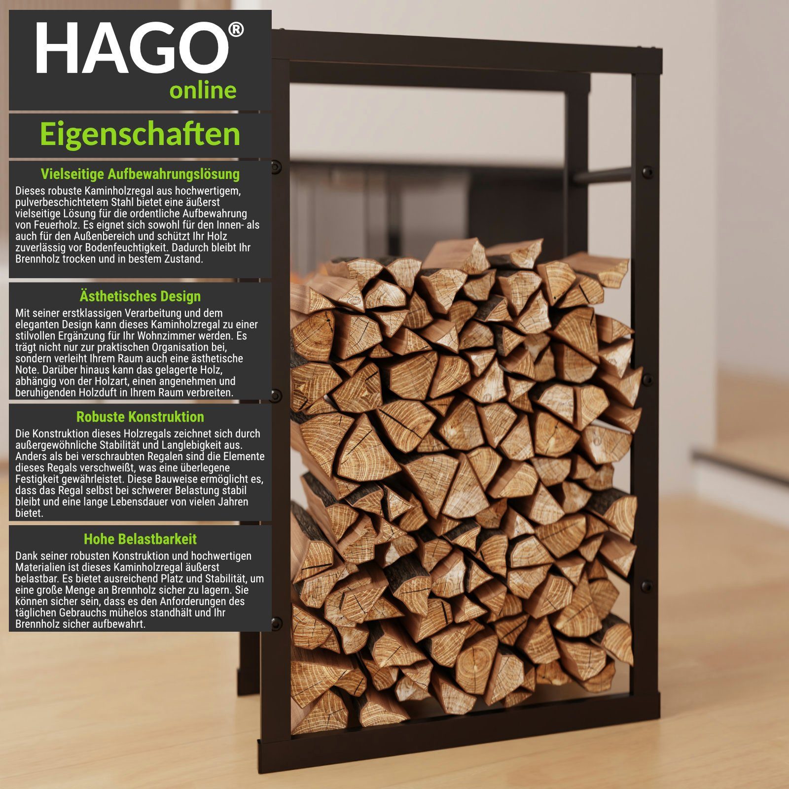 HAGO Kaminholzregal Kaminholzregal 60x100x25cm Feuerholzregal Brennholz Ständer Ablage