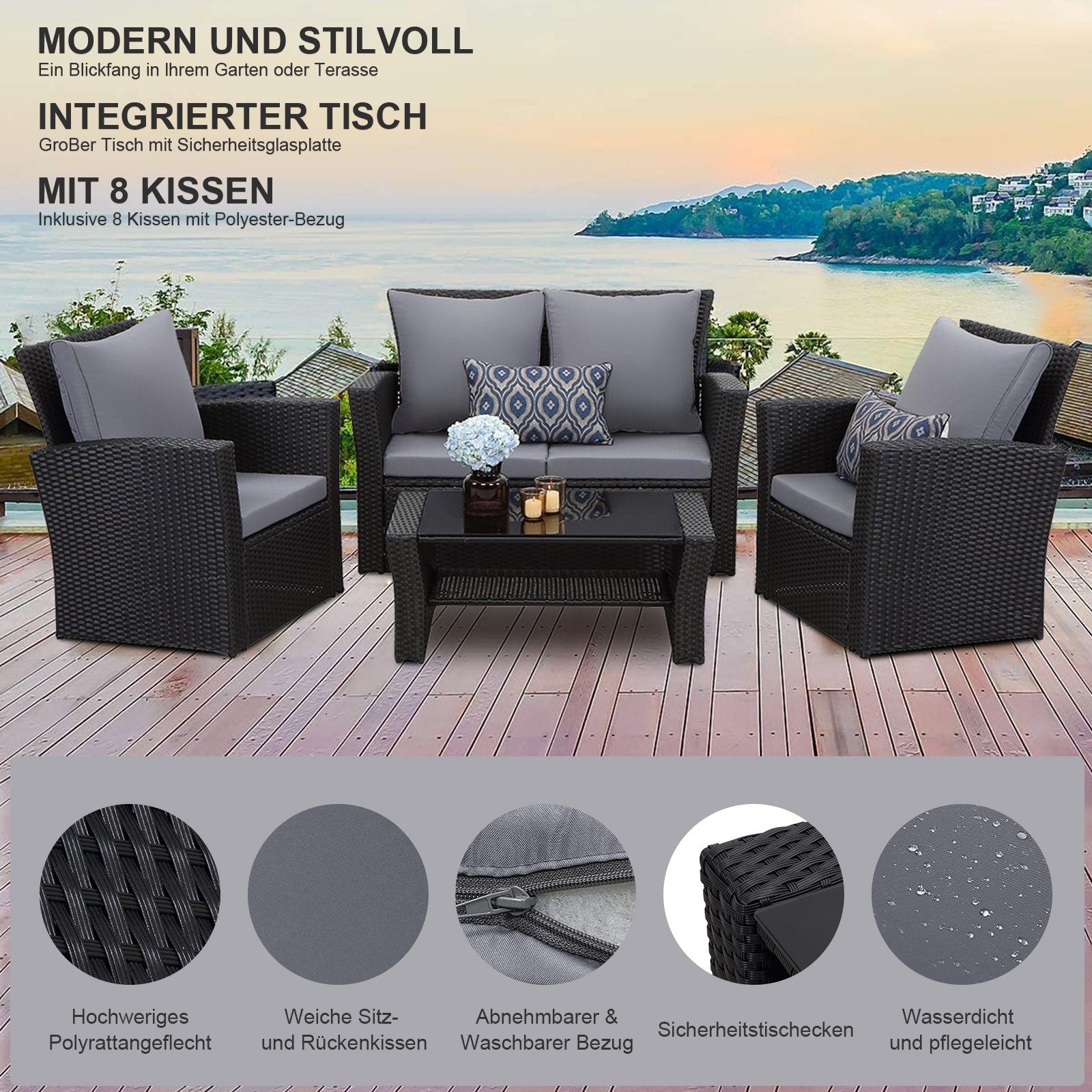 MeXo von GLP HOME Balkonset Balkongarnitur Gartenmöbel Set Polyrattan Wetterfest für 3-4 Personen, (Balkongarnitur Kleiner Balkon Sitzgruppe, Balkonset, Sitzgarnitur mit Kissen), Gartengarnitur für Lounge Klein Terrasse Garten Indoor Outdoor