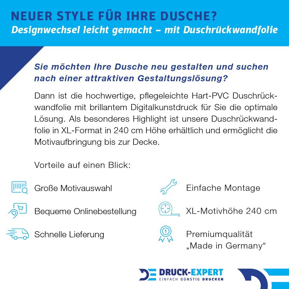 DRUCK-EXPERT Duschrückwand Premium Duschrückwand - langlebiger Fliesensticker aus 0,4 mm selbstklebenden Hart-PVC