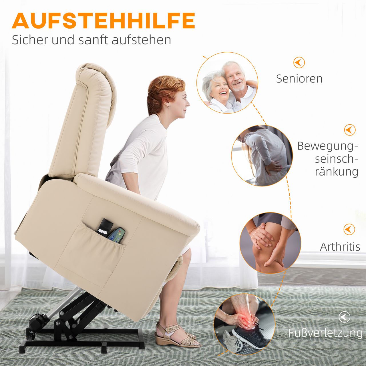 HOMCOM Sessel mit Aufstehhilfe, Verstellbarer Massagesessel Kunstleder Creme