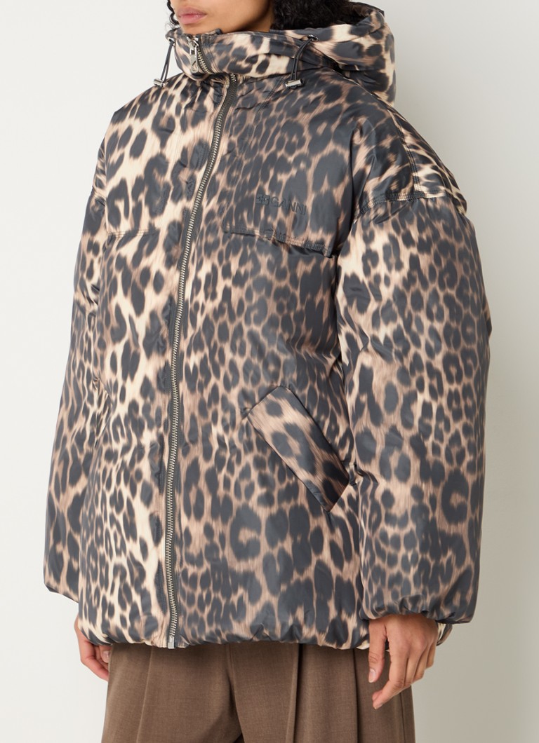 Ganni puffer jacket with down filling and leopard print