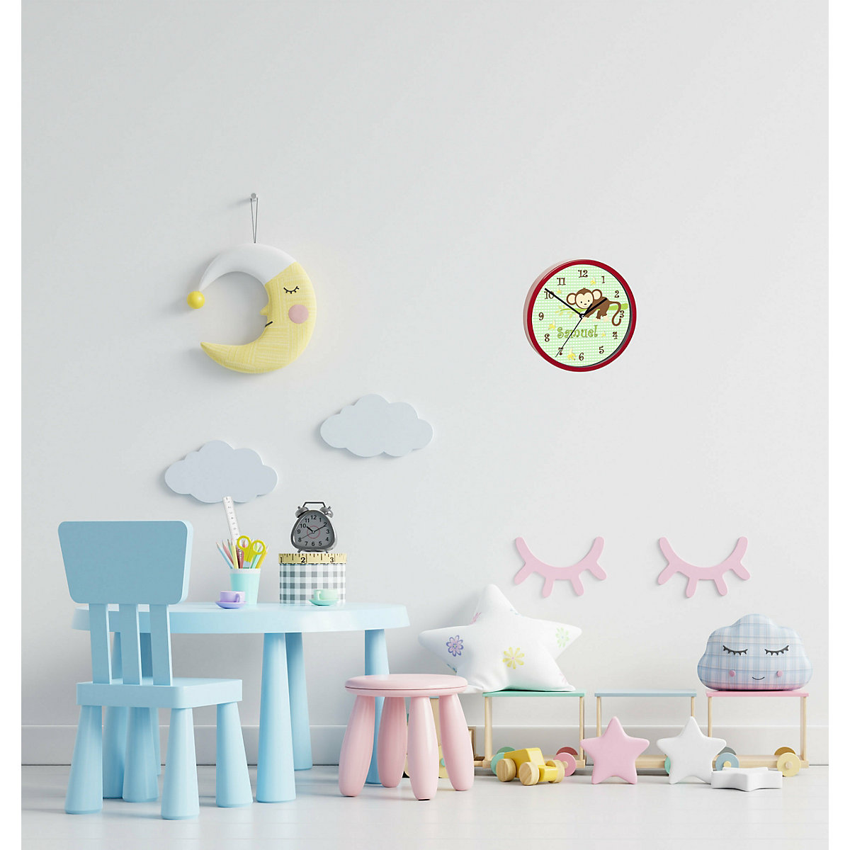 Kinder Wanduhr personalisiert mit Name Affe hängend Grün