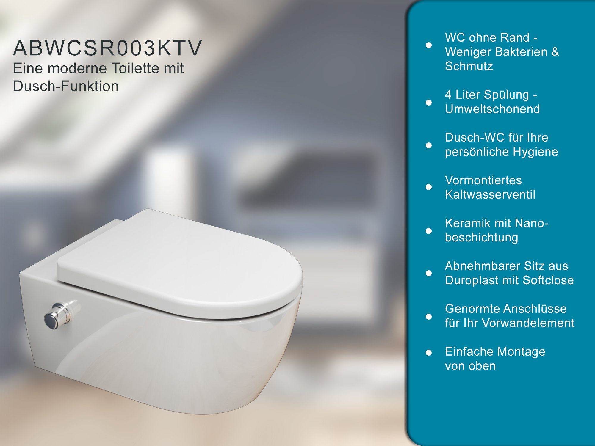 SSWW Dusch-WC Design Keramik Hänge-WC Wand WC Spülrandlos Taharat, wandhängend, Dusch-WC inkl. WC-Sitz abnehmbar, Düse und Kaltwasserventil