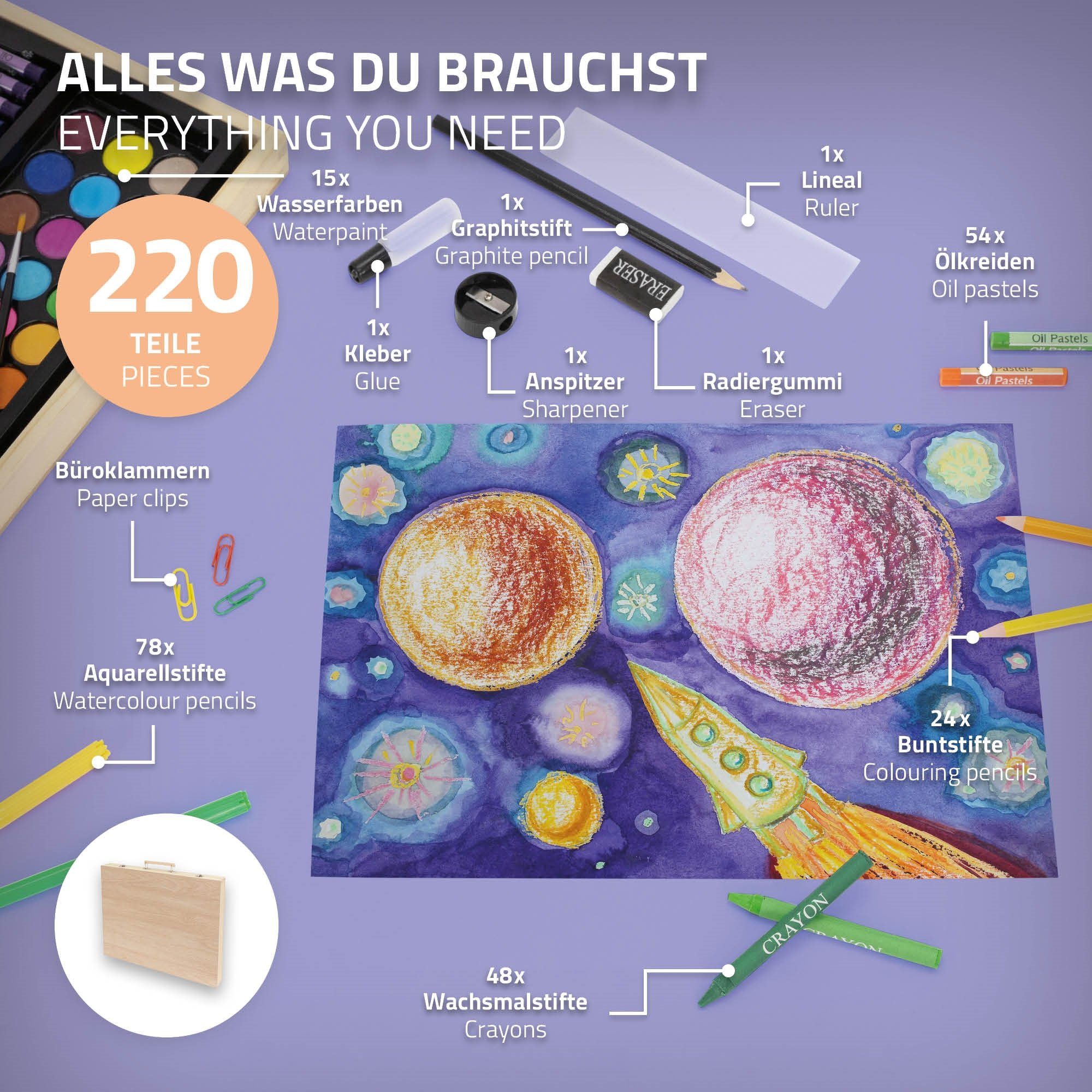 ECD Germany Malerset Malkoffer Künstler Set Zeichenset Pinselset, 220-Teilig Holzkoffer Filzstiften Wachsmalstiften Buntstiften