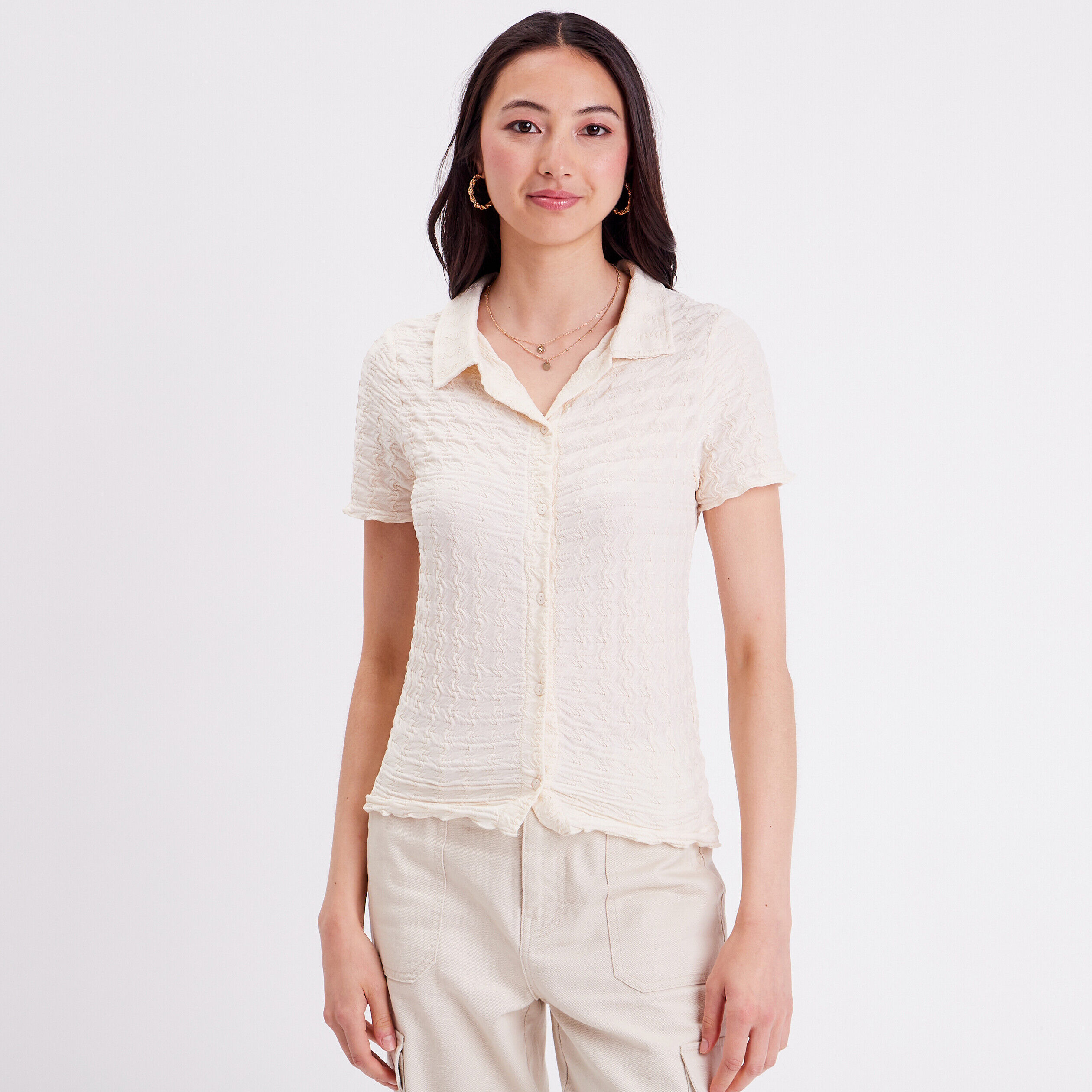 Blouse manches courtes gaufré ecru femme | Cache Cache