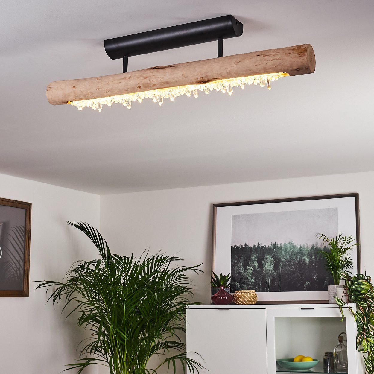 hofstein Deckenleuchte Lipusa längliche Deckenlampe aus Metall Schwarz und Holz, 3000 Kelvin, 1xLED 15 Watt, 1200 Lumen, über herkömmlichen Lichtschalter dimmbar