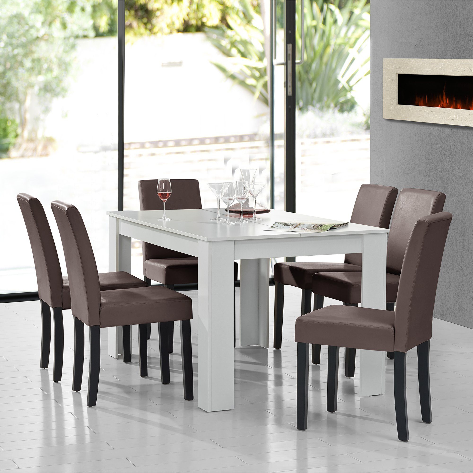 en.casa Essgruppe, (7-tlg., Esstisch mit 6 Stühlen), Forssa 140x90cm Küchentisch mit 6x Polsterstühlen