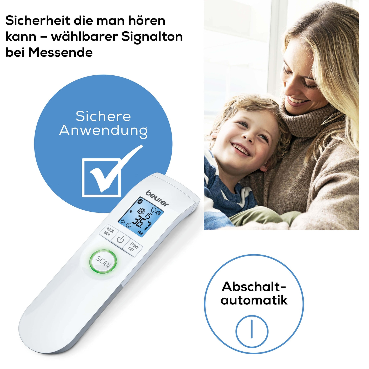 Beurer kontaktloses Thermometer FT 95 <i>Bluetooth</i>®-Fieberthermometer kontaktlos mit Anbindung an HealthManager & BabyCare App