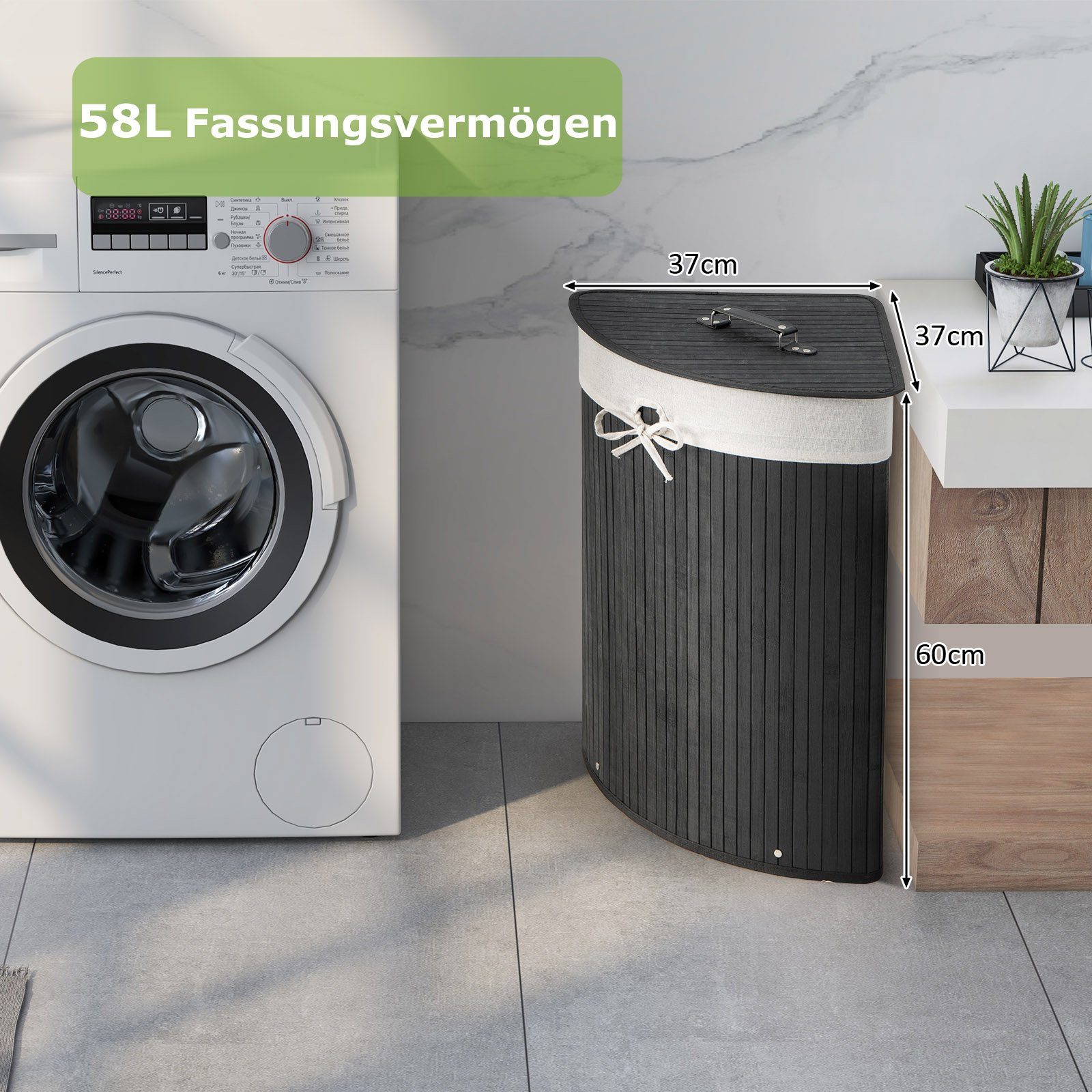 COSTWAY Wäschekorb, mit Deckel, 58L, Bambus, mit ausnehmbarer Innentasche