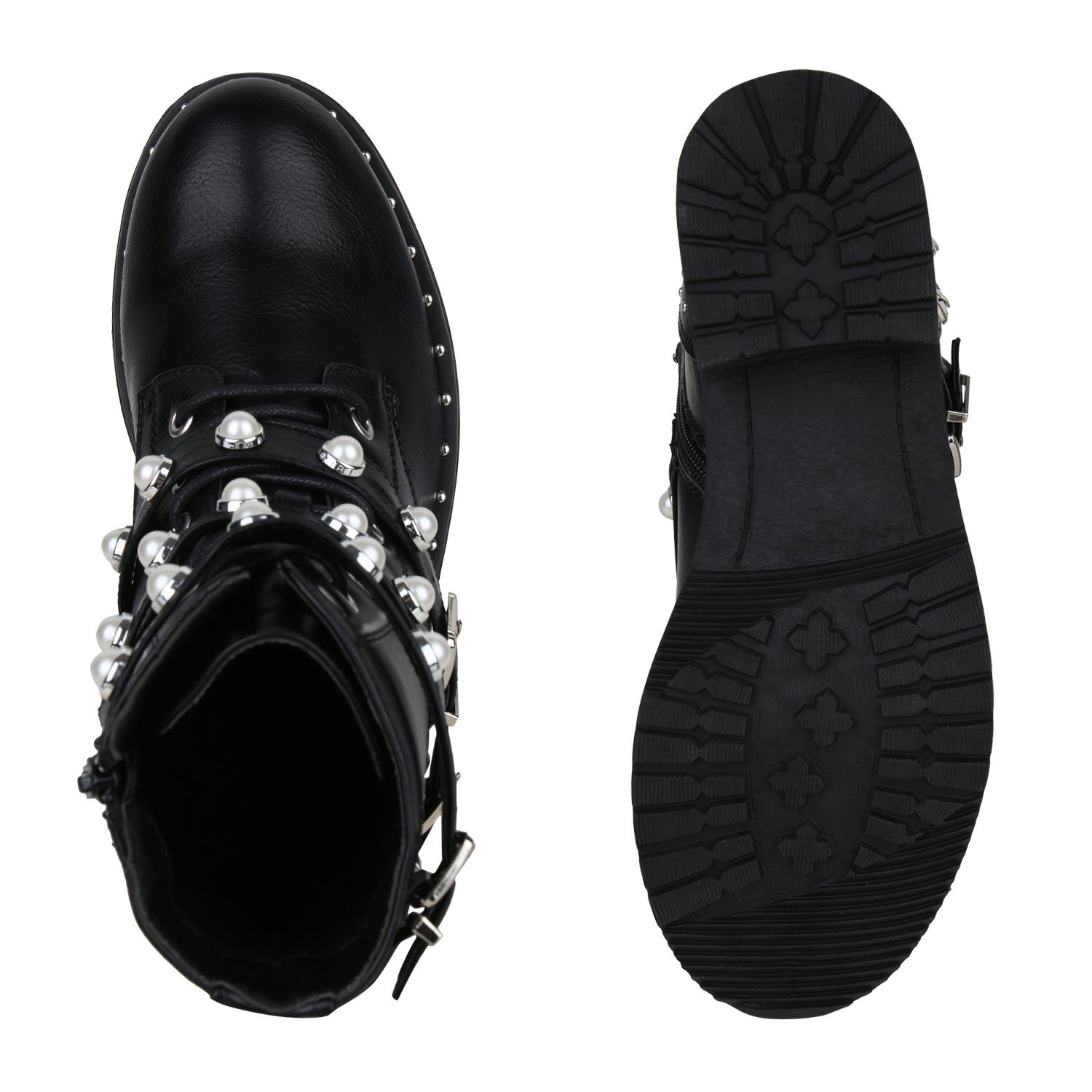 VAN HILL 824765 Schnürstiefelette mit glänzender Schnallenverzierung und eindrucksvollen Zierperlen