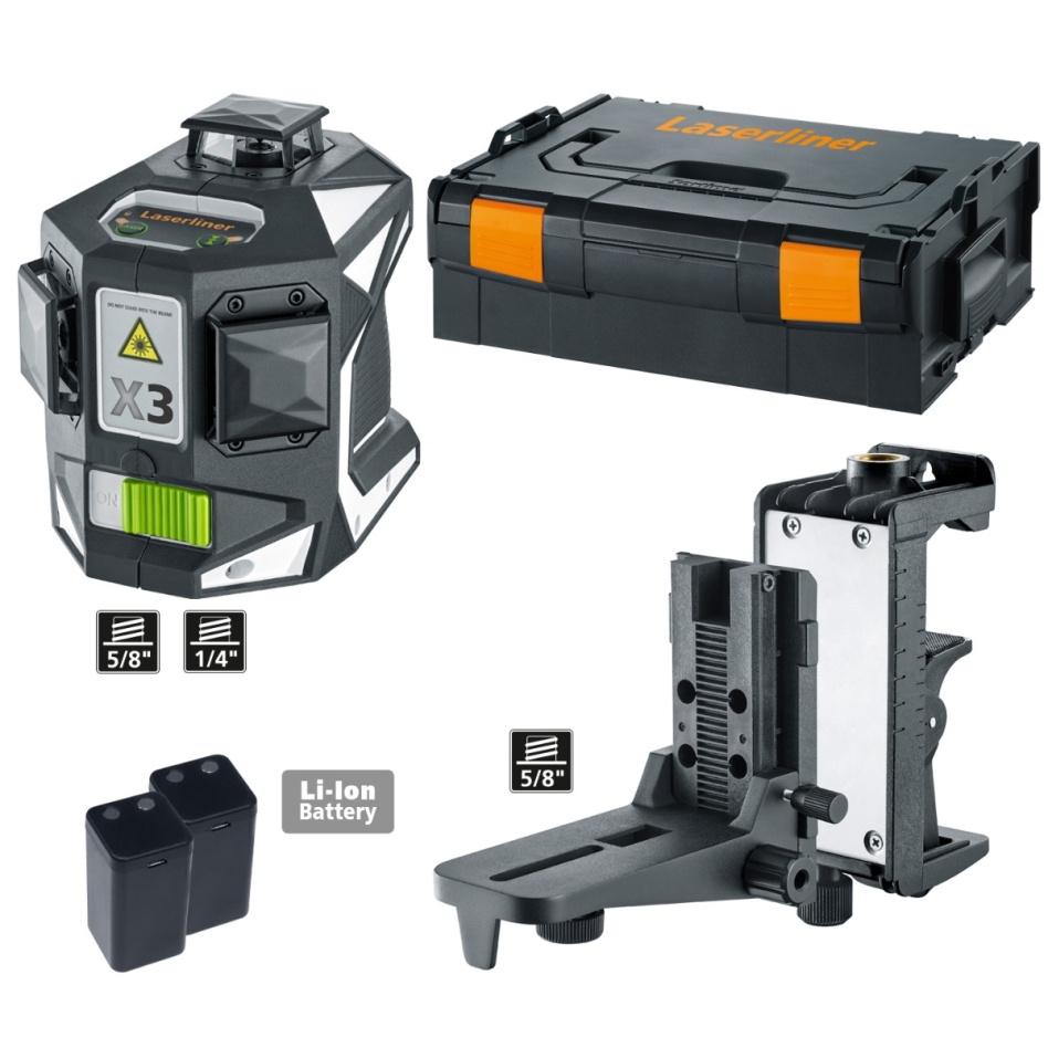 Laserliner 036.800L X3-Laser Pro Tredimensjonal laser med tre grønne 360° lasersirkler og magnetisk klemme og veggfeste