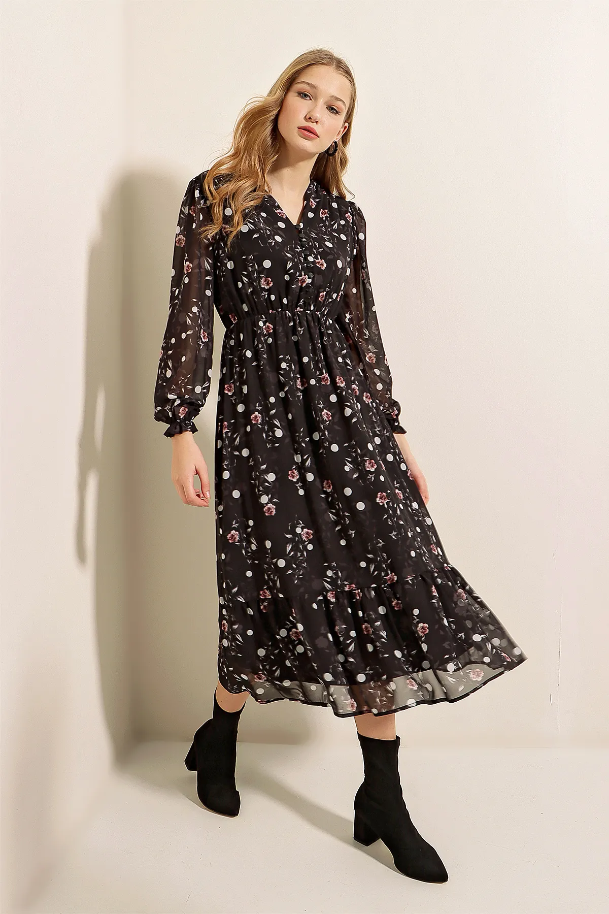 Bigdart  2137 Gemustertes Chiffonkleid – Schwarz