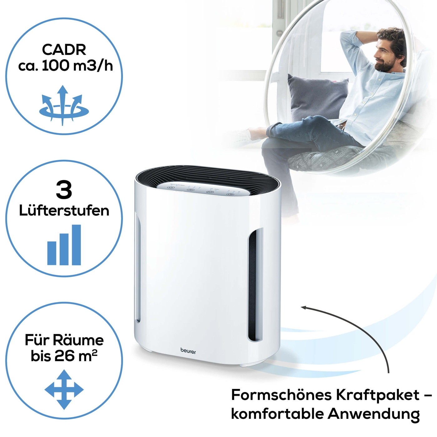Beurer Luftreiniger LR 210-Luftreiniger mit dreischichtigem Filtersystem & Ionen-Funktion bis 26 m²