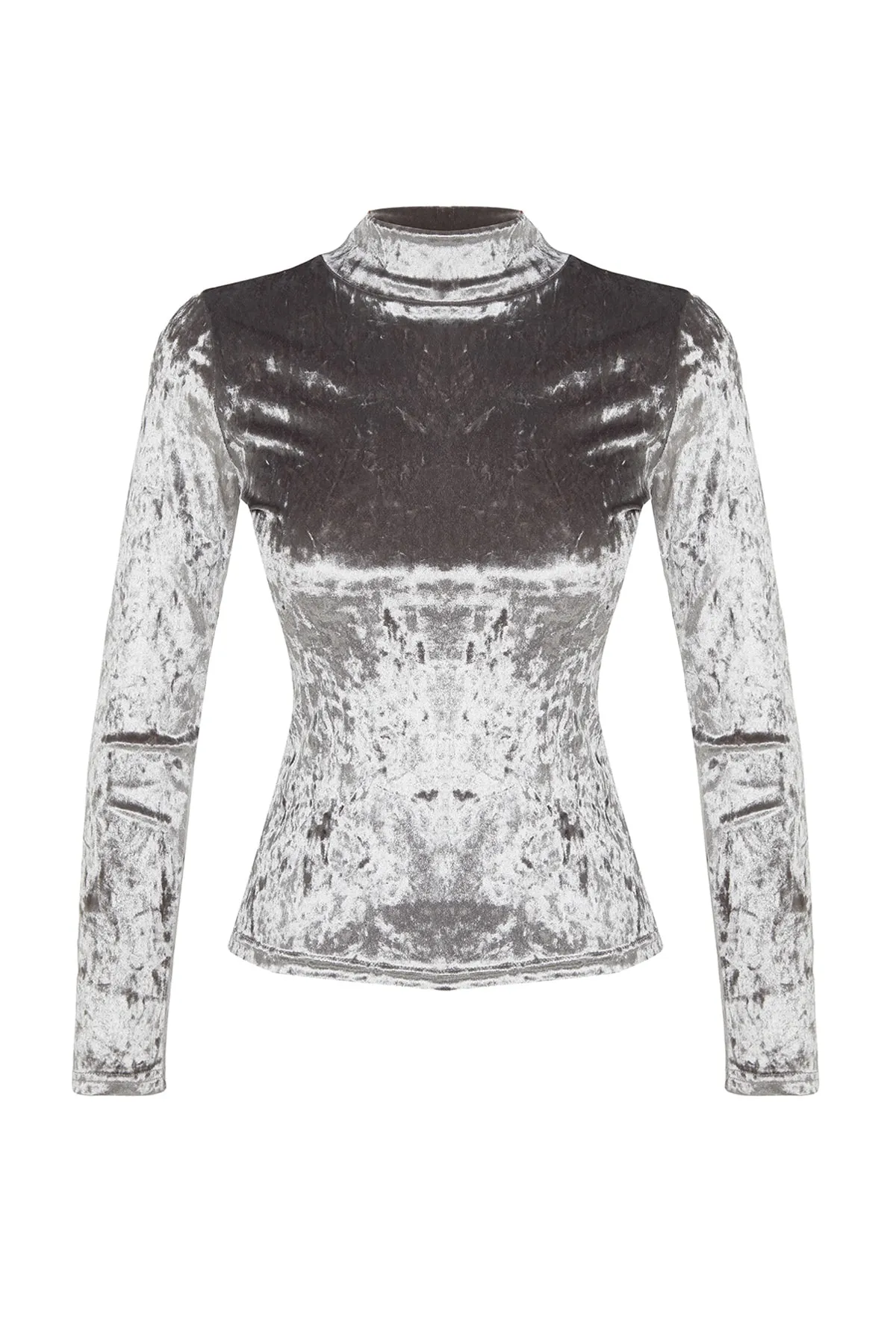 Trendyol Collection  Graue Samt-Strickbluse mit hohem Kragen und langen Ärmeln TWOAW24BZ00155