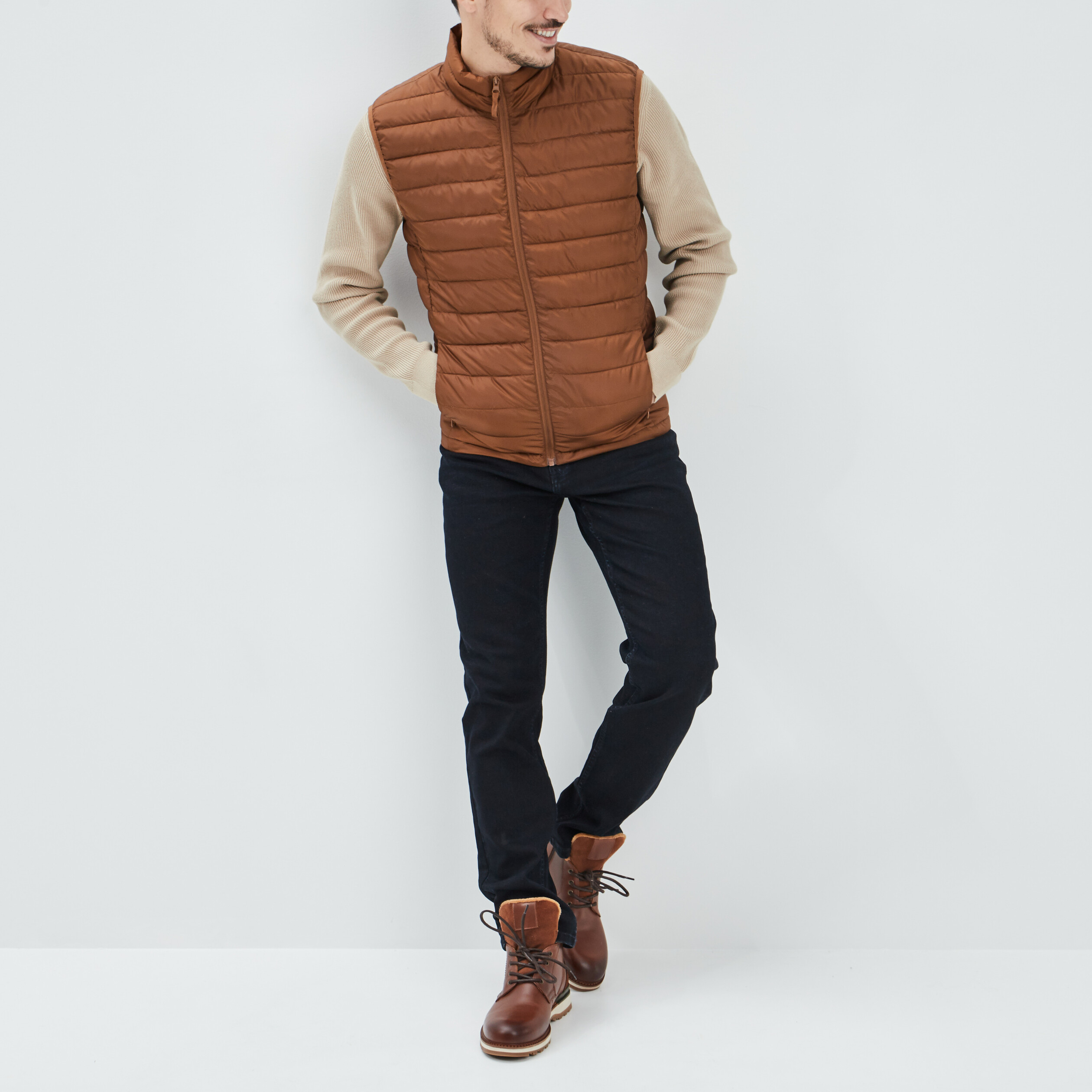 Doudoune droite sans manches camel homme | La Halle
