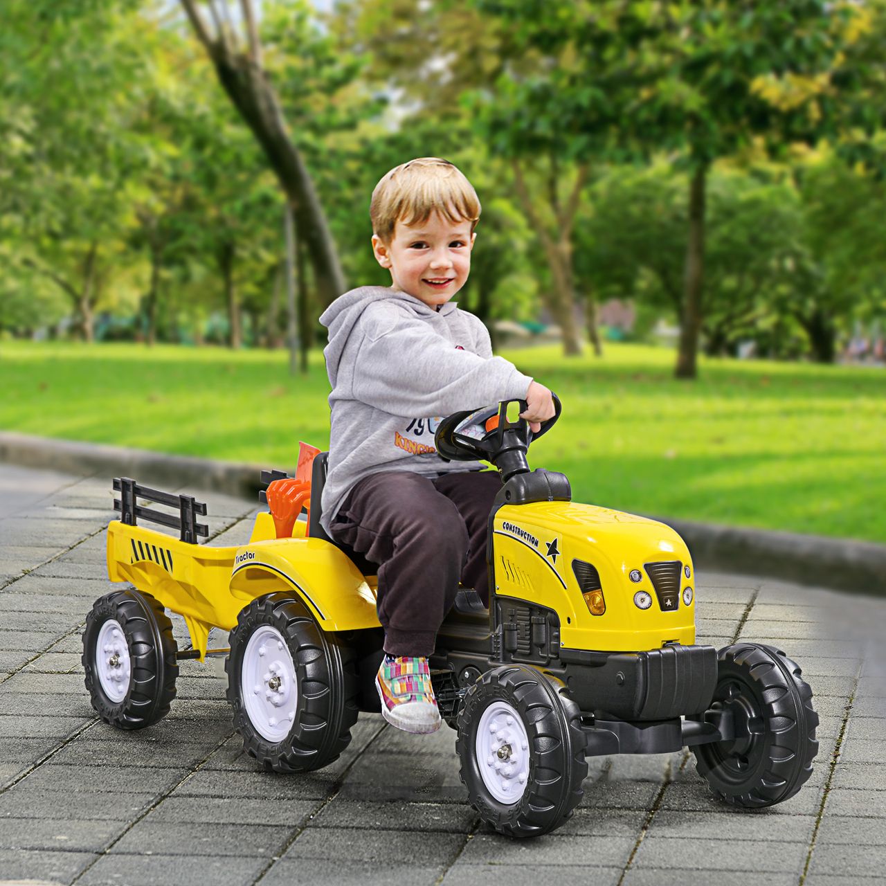HOMCOM Trettraktor mit Anhänger Tretauto Traktor ab 3 Jahre Kinder Gelb