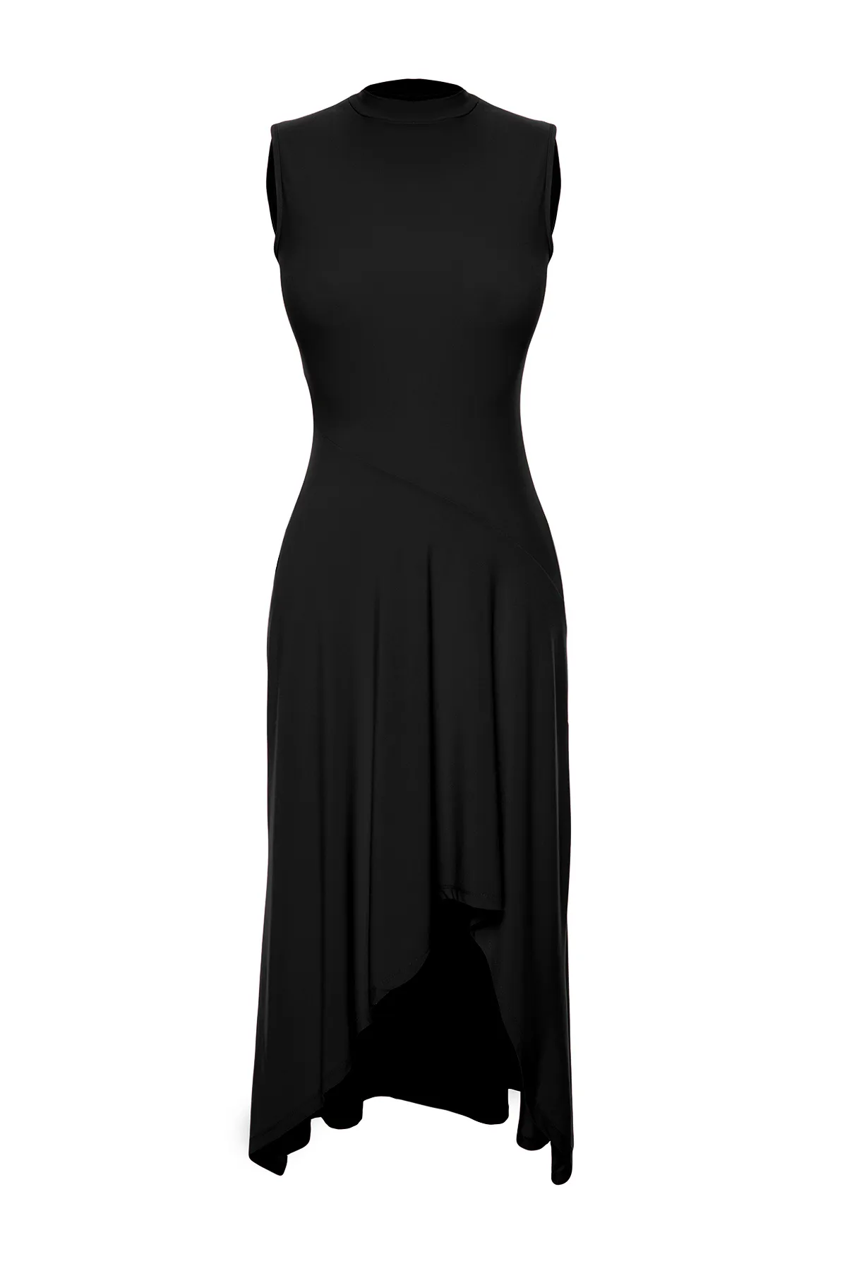 Trendyol Collection  Schwarzes asymmetrisches Stehkragen-Midikleid mit ärmellosen Ärmeln und Stretch-Strick TWOSS24EL00814