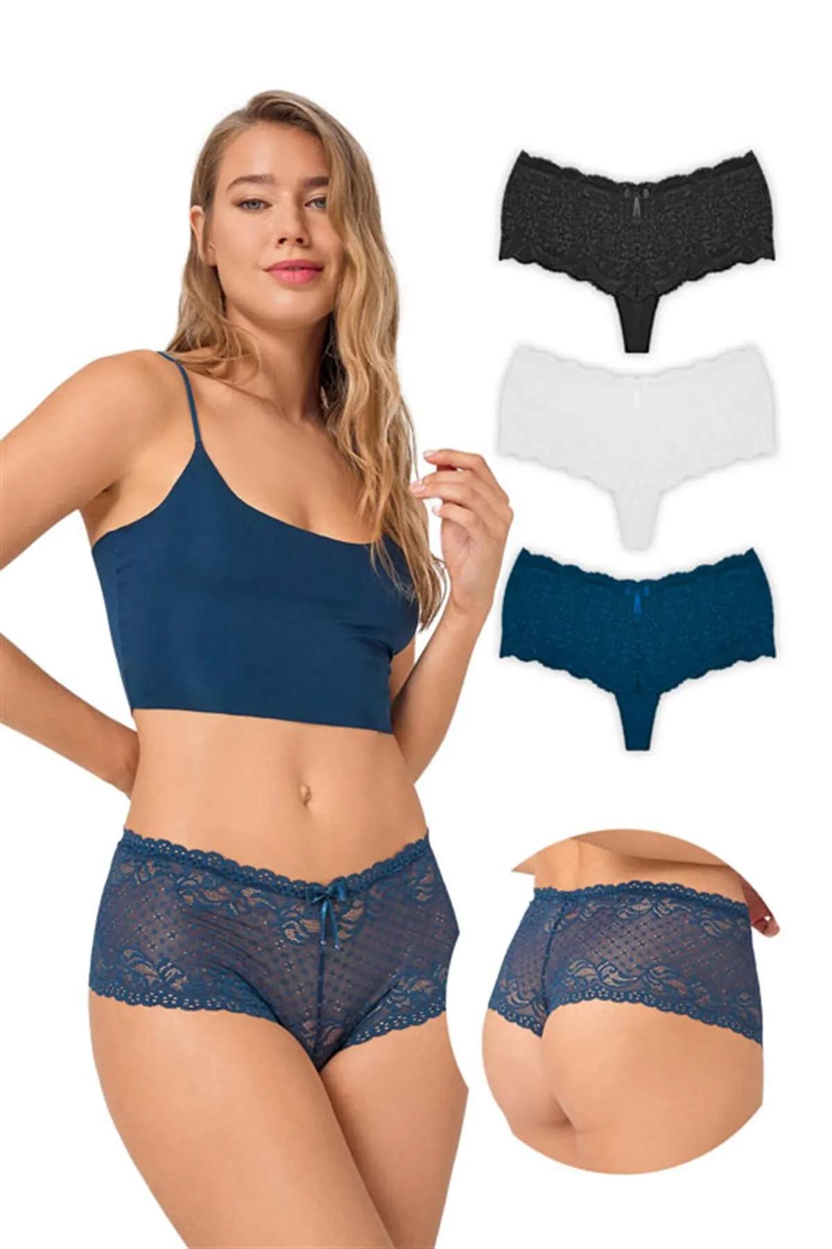 Cottonhill  Transparente Spitzen-Damen-Tanga-Shorts, Höschen, 3er-Pack – 3