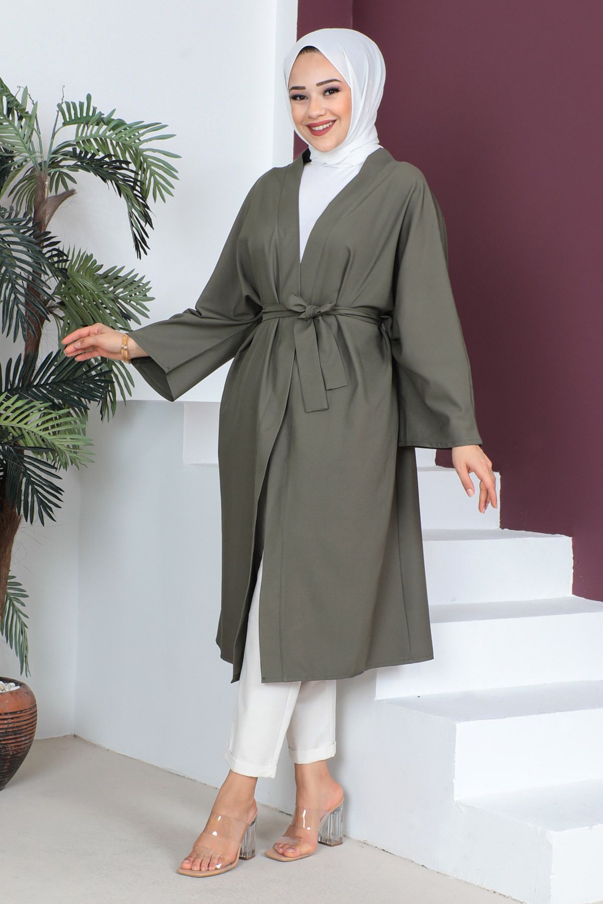 Tesettür Dünyası  Kimono mit Taillengürtel TSD230511 Khaki