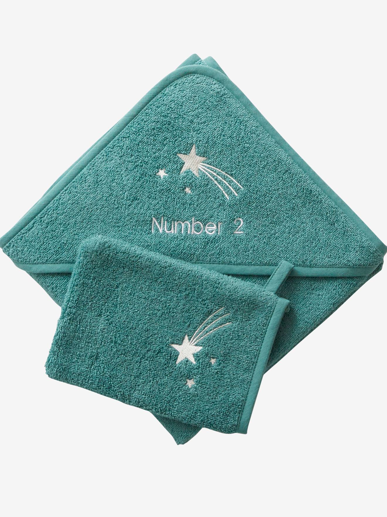 Cape de bain personnalisable + gant de toilette bleu moyen