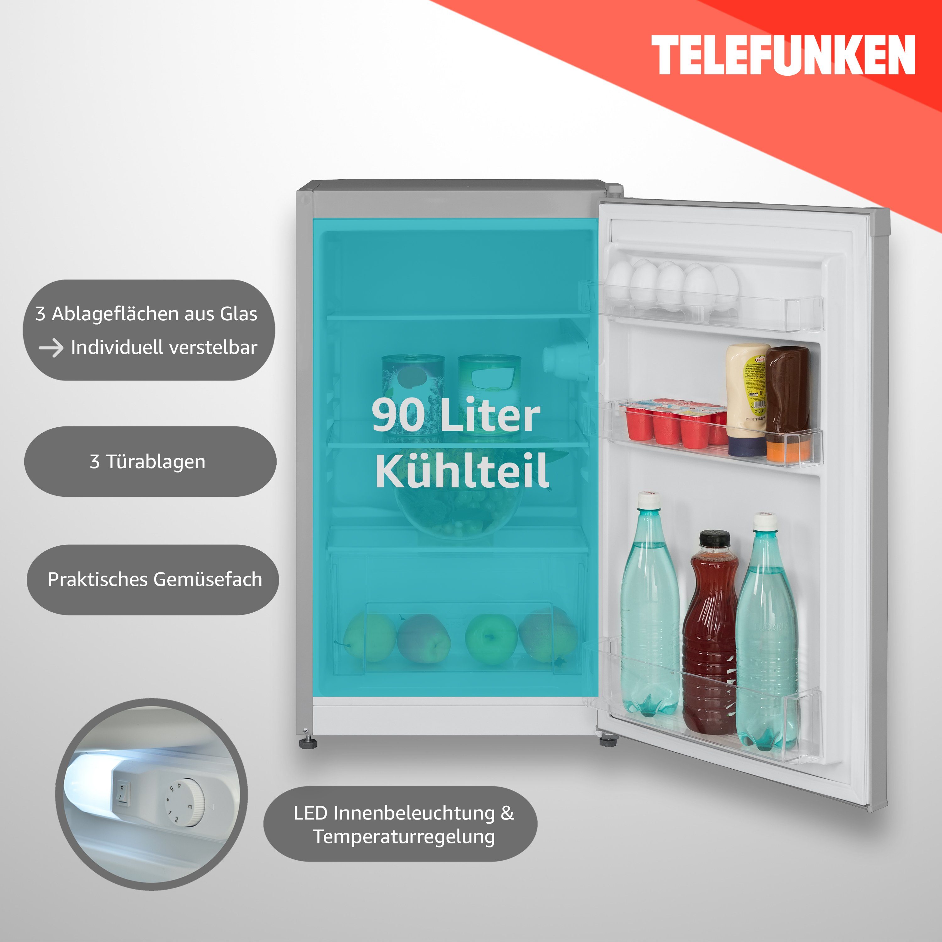 Telefunken Kühlschrank CF-31-121-S, 82.1 cm hoch, 48 cm breit, Ohne Gefrierfach, Freistehend, 90 Liter Nutzinhalt, Klein, Silber