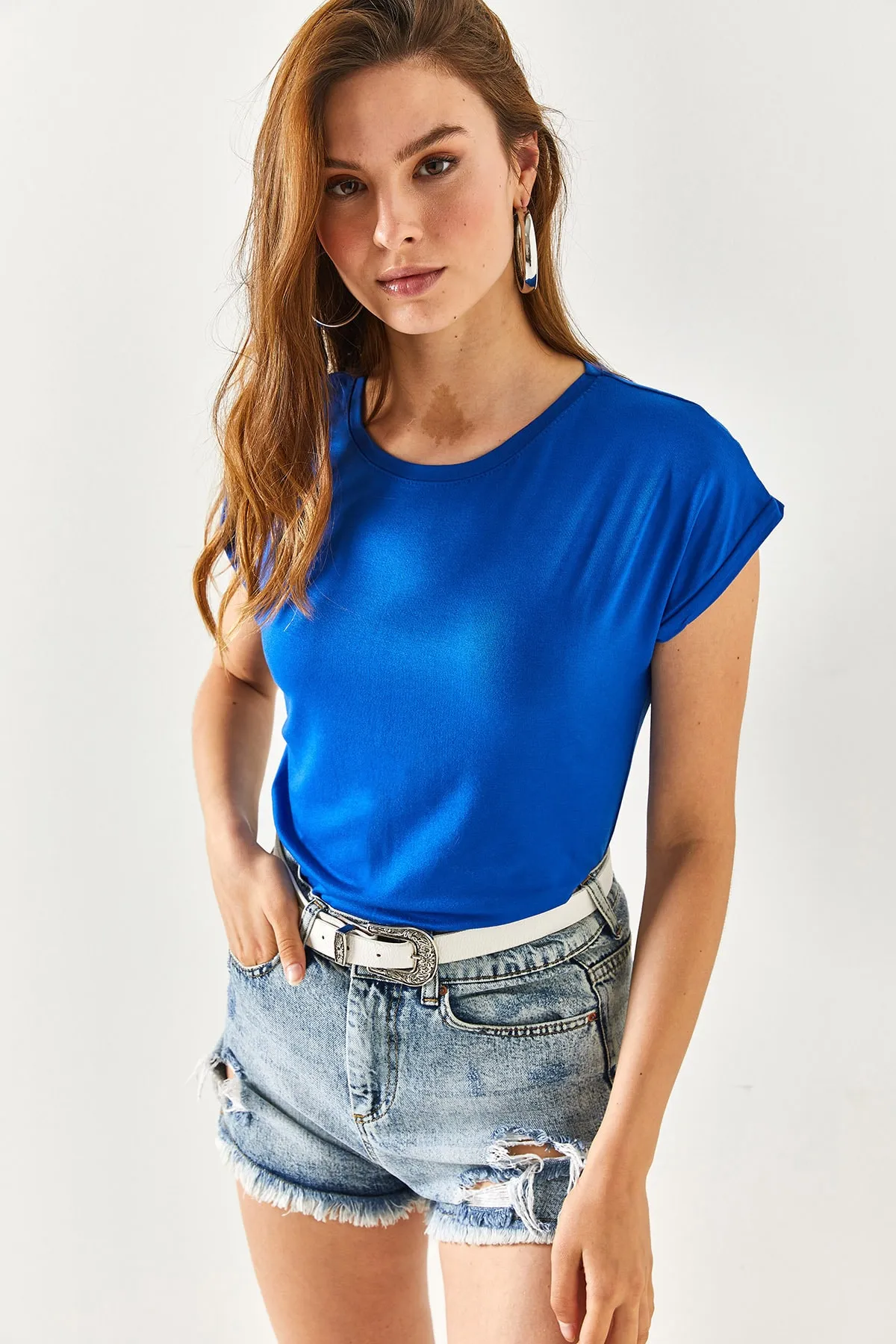 Olalook  Saks Blue Bat Gestrickte Viskosebluse für Damen BLZ-19001916