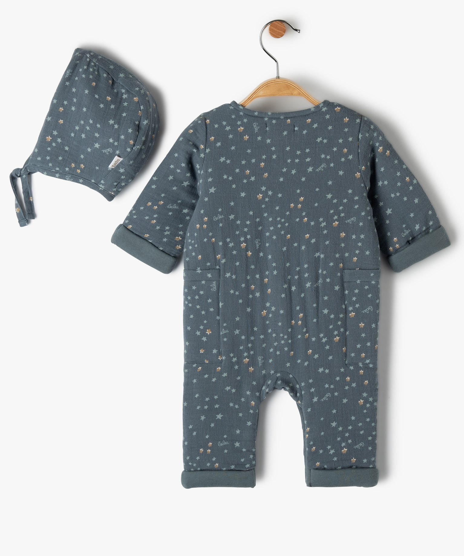 Ensemble bébé 2 pièces : combinaison et bonnet imprimés ... bleu | GEMO