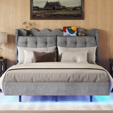 Flieks Polsterbett, LED Doppelbett 140x200cm mit Stauraumfach und Ladeanschluss Leinen