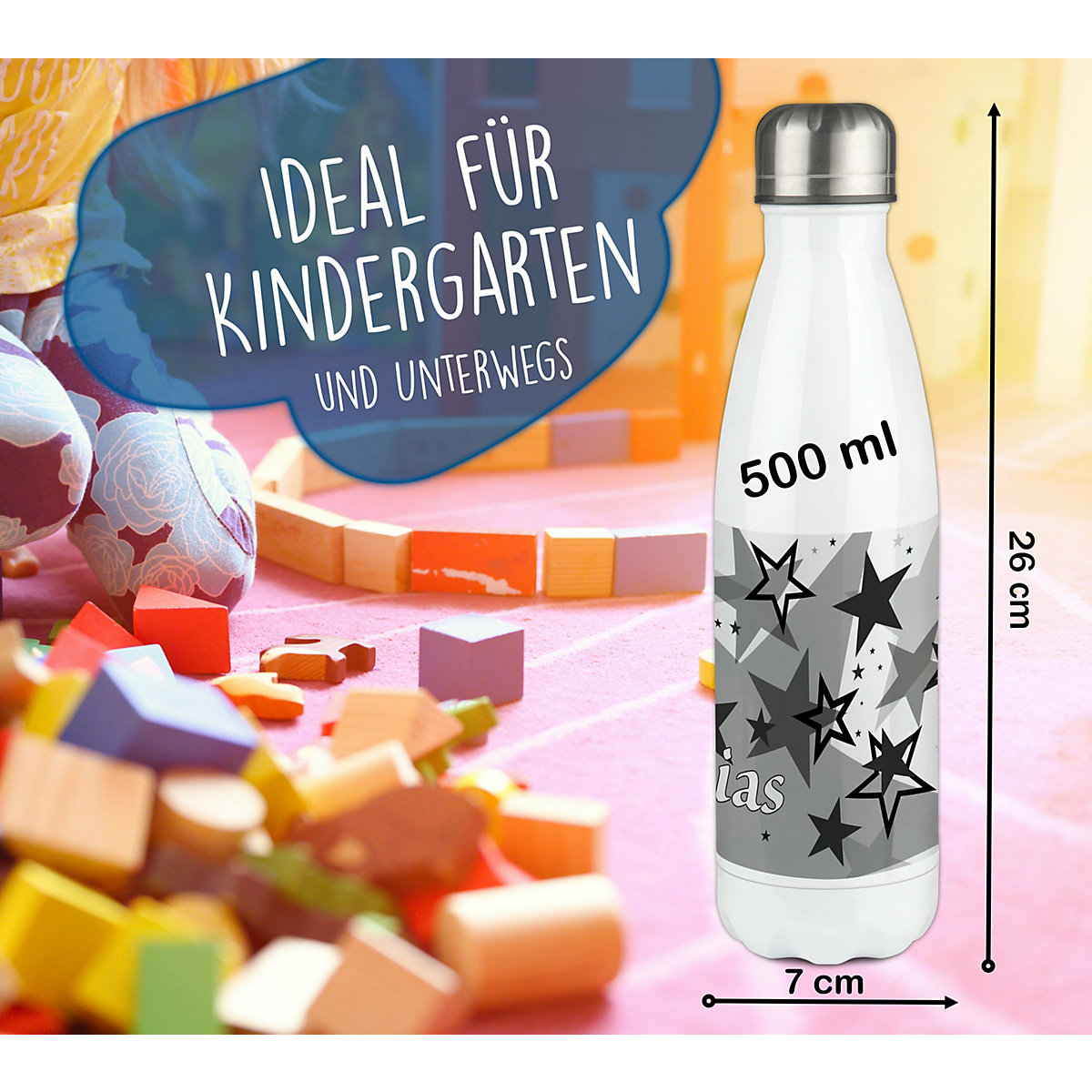 Edelstahl Kinder Thermoflasche / Trinkflasche bunt Sternenhimmel Farbe schwarz Spülmaschinenfest, Auslaufsicher, Bruchfest, Doppelwandig, Für Heißgetränke geeignet, Mit Deckel, Isoliert