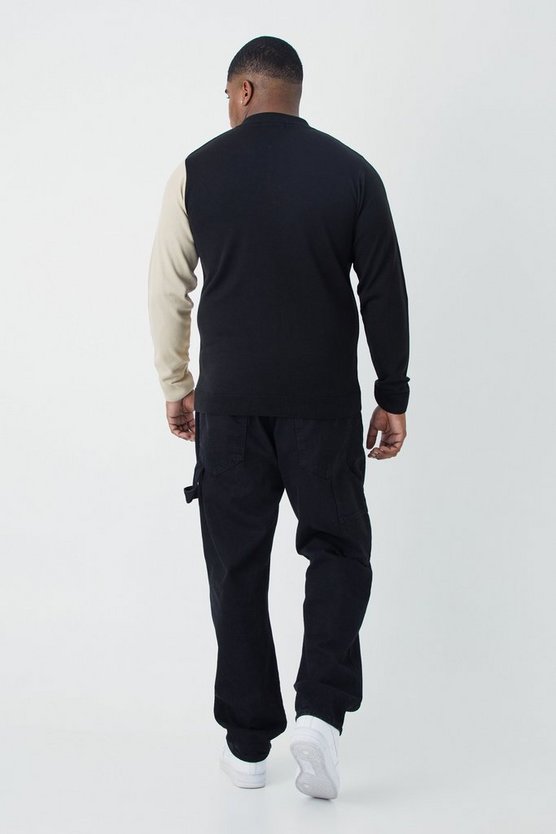 Plus langärmliges Muscle-Fit Colorblock Strick-Poloshirt