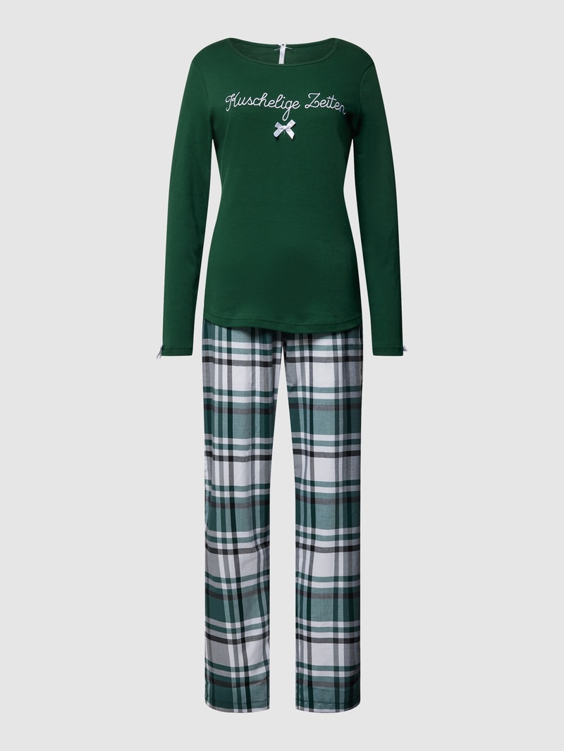 Pyjama mit Statement-Stitching Modell 'Kuschelige Zeiten' in dunkelgrün
