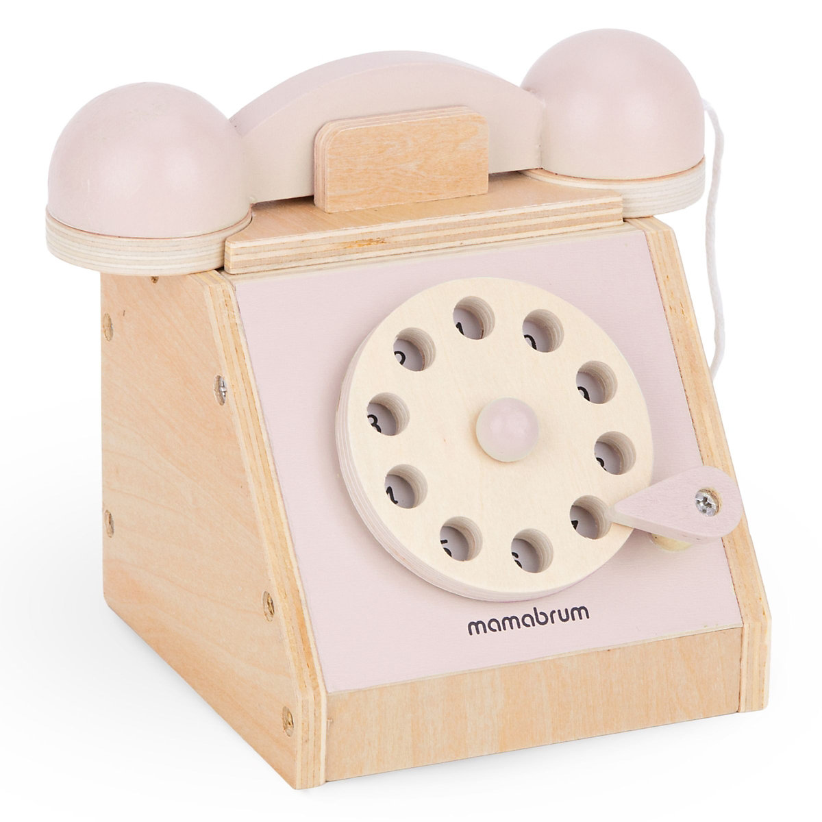 Retro-Telefon aus Holz – Pastellrosa, mobiles Zifferblatt, Pastellfarben, Headset mit dem Telefon verbunden