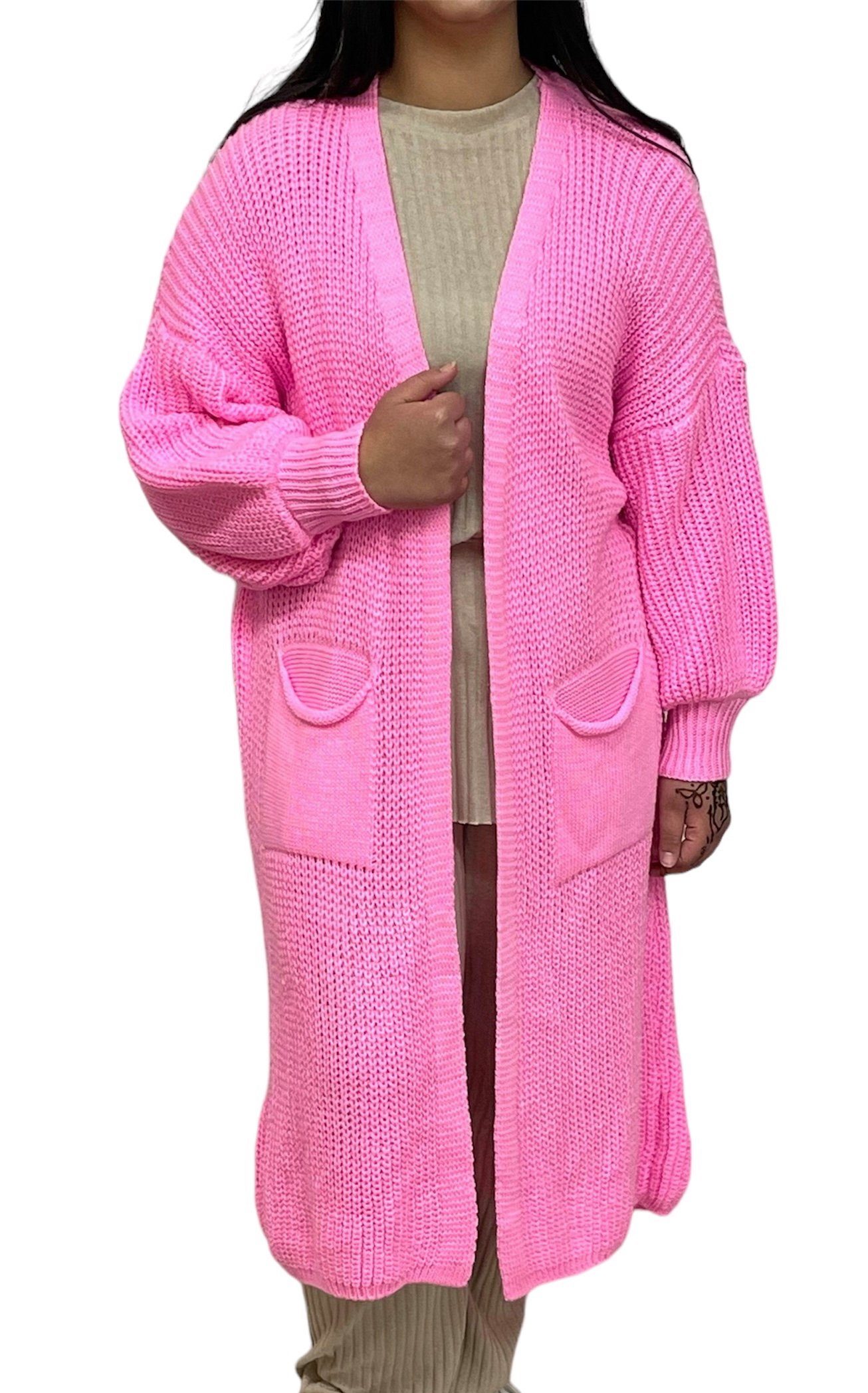 HELLO MISS Longstrickjacke Modisch Maxi Strickjacke mit aufgesetzten Taschen, Cardigan Lang