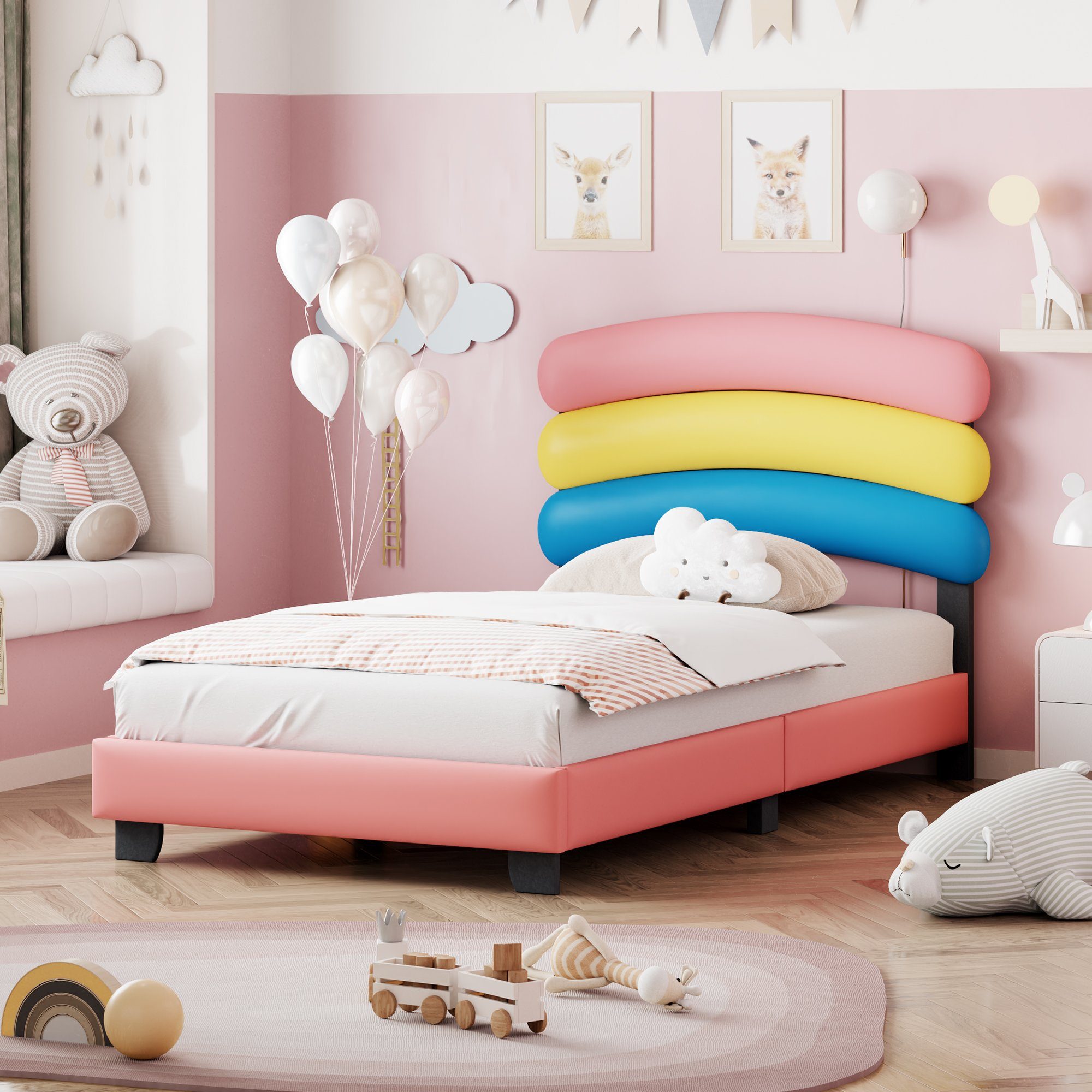 Flieks Polsterbett, Kinderbett Einzelbett mit Regenbogen Kopfteil 90x200cm Kunstlederbezug