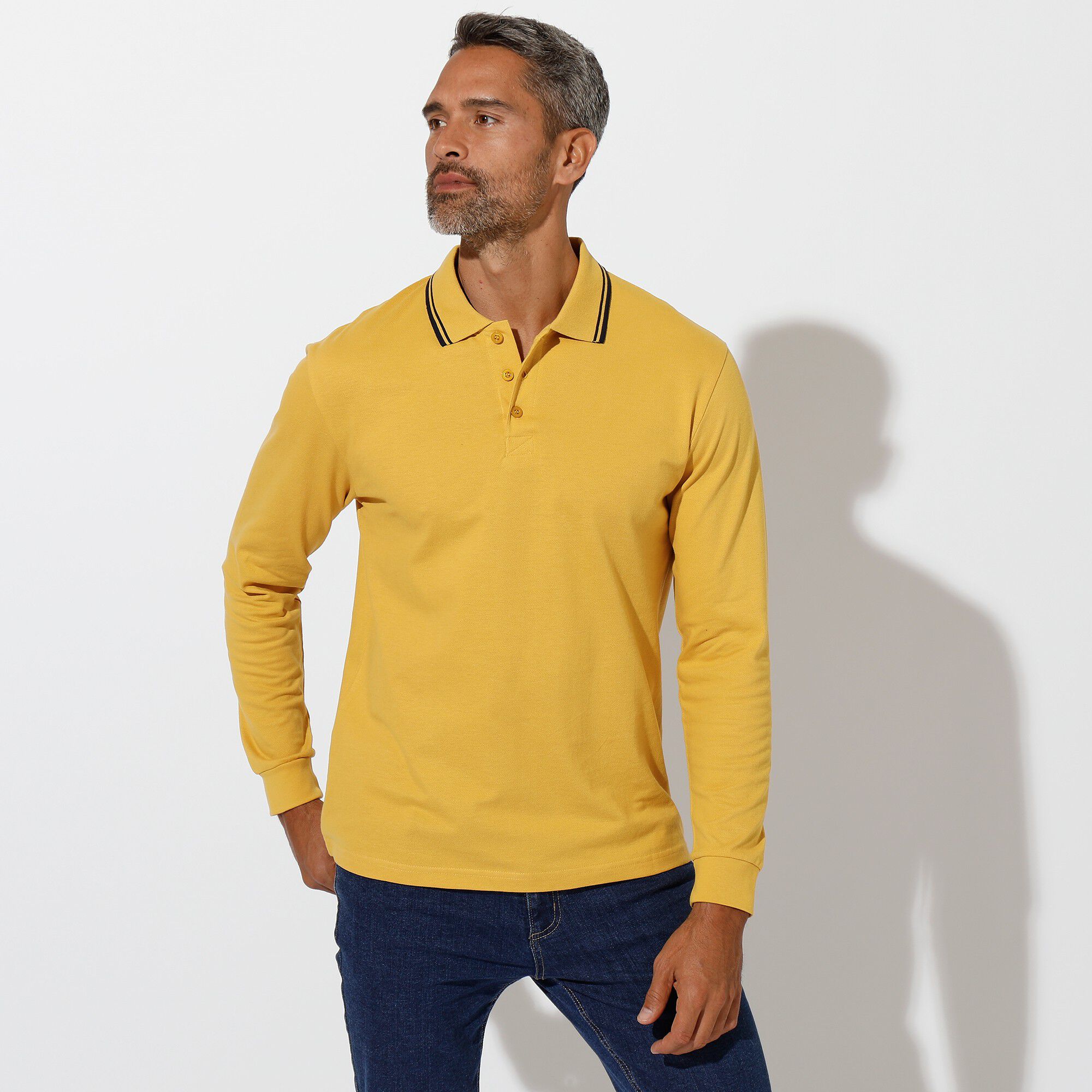 Polo uni maille piquée manches longues