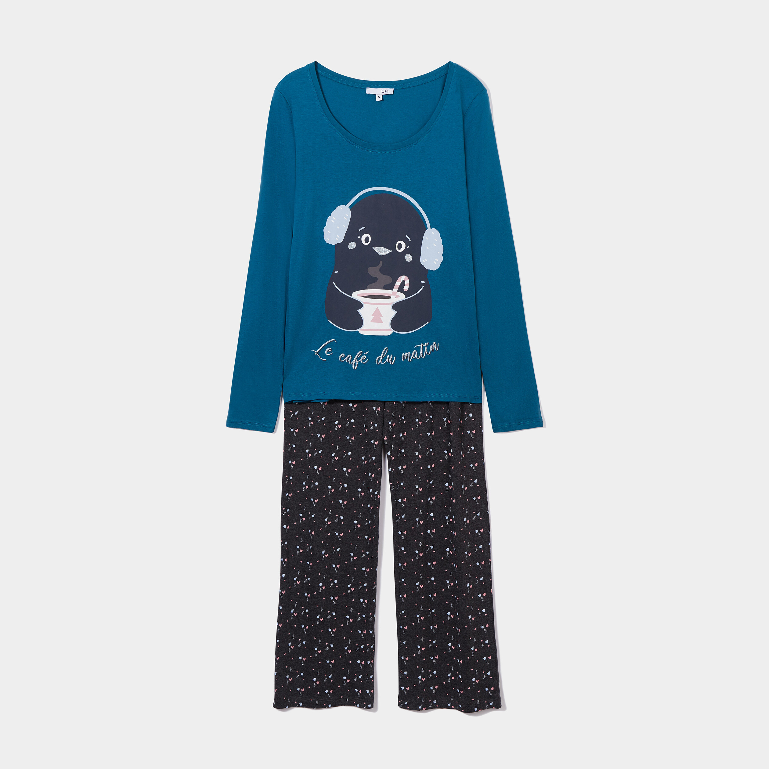 Ensemble pyjama pantalon 2 pièces coton bleu canard femme | La Halle