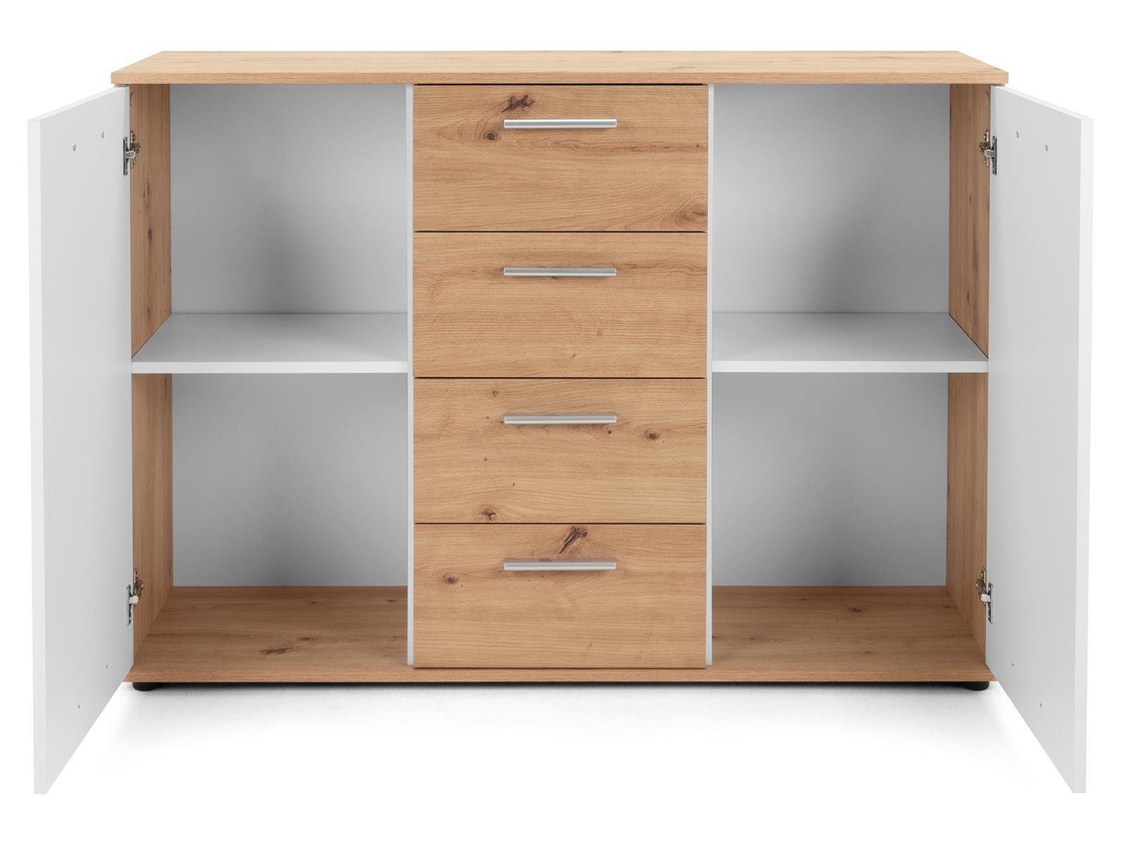 möbelando Sideboard Jacklin, Modernes Sideboard aus Spanplatte in Artisan Eiche Nachbildung /Weiß mit 4 Schubkästen und 2 Türen dahinter je 1 Boden. Breite 120 cm, Höhe 85 cm, Tiefe 35 cm