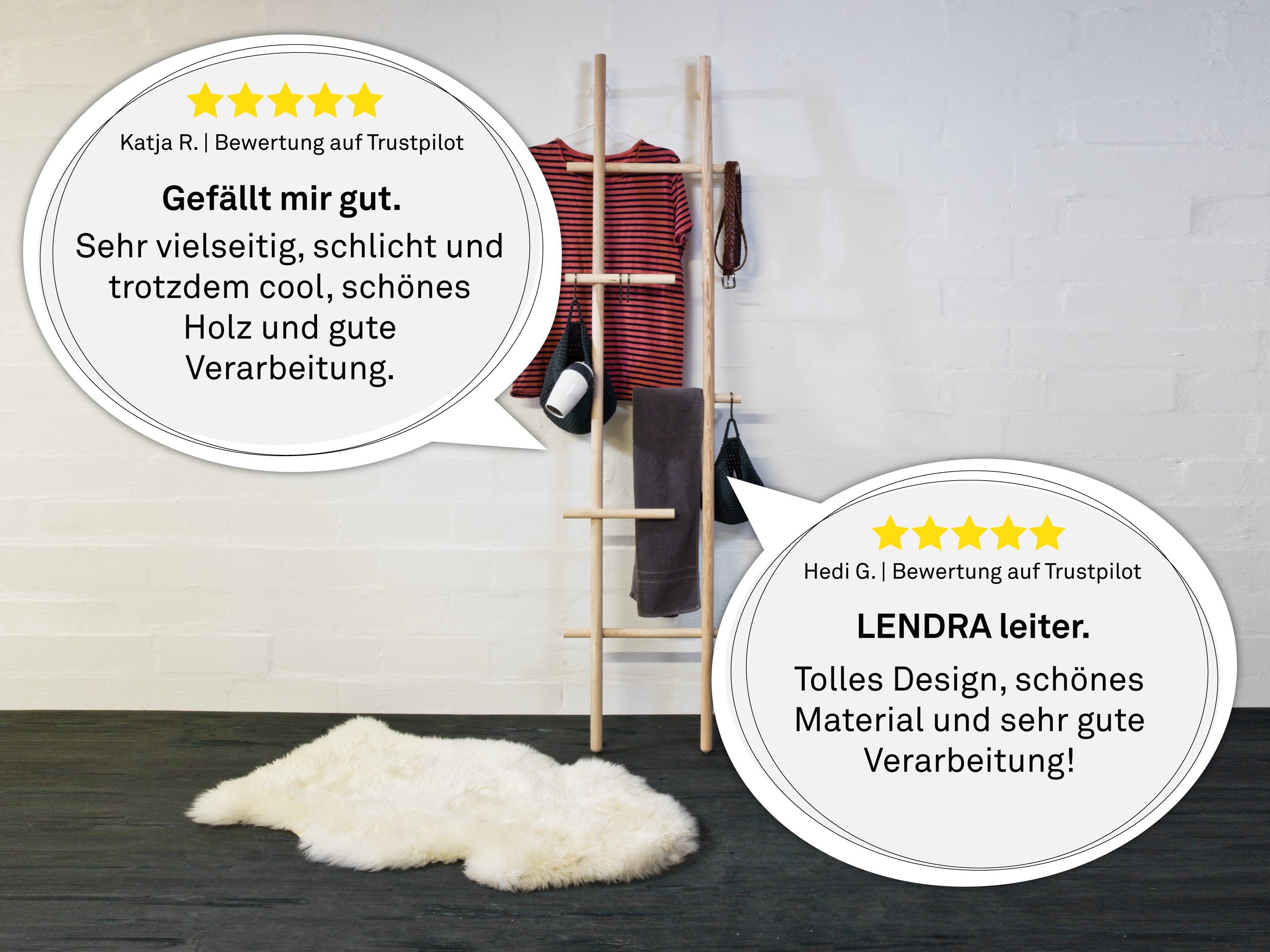 kommod Leiterregal LENDRA, Kleiderleiter, Kleiderständer – 180 x 45 x 12 cm – Esche massiv natur