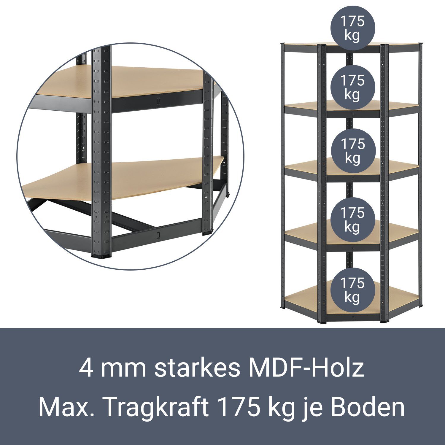 Juskys Eckregal Corner Basic, 5 Böden aus MDF-Holz, 175kg Traglast je Boden, Abstände frei wählbar